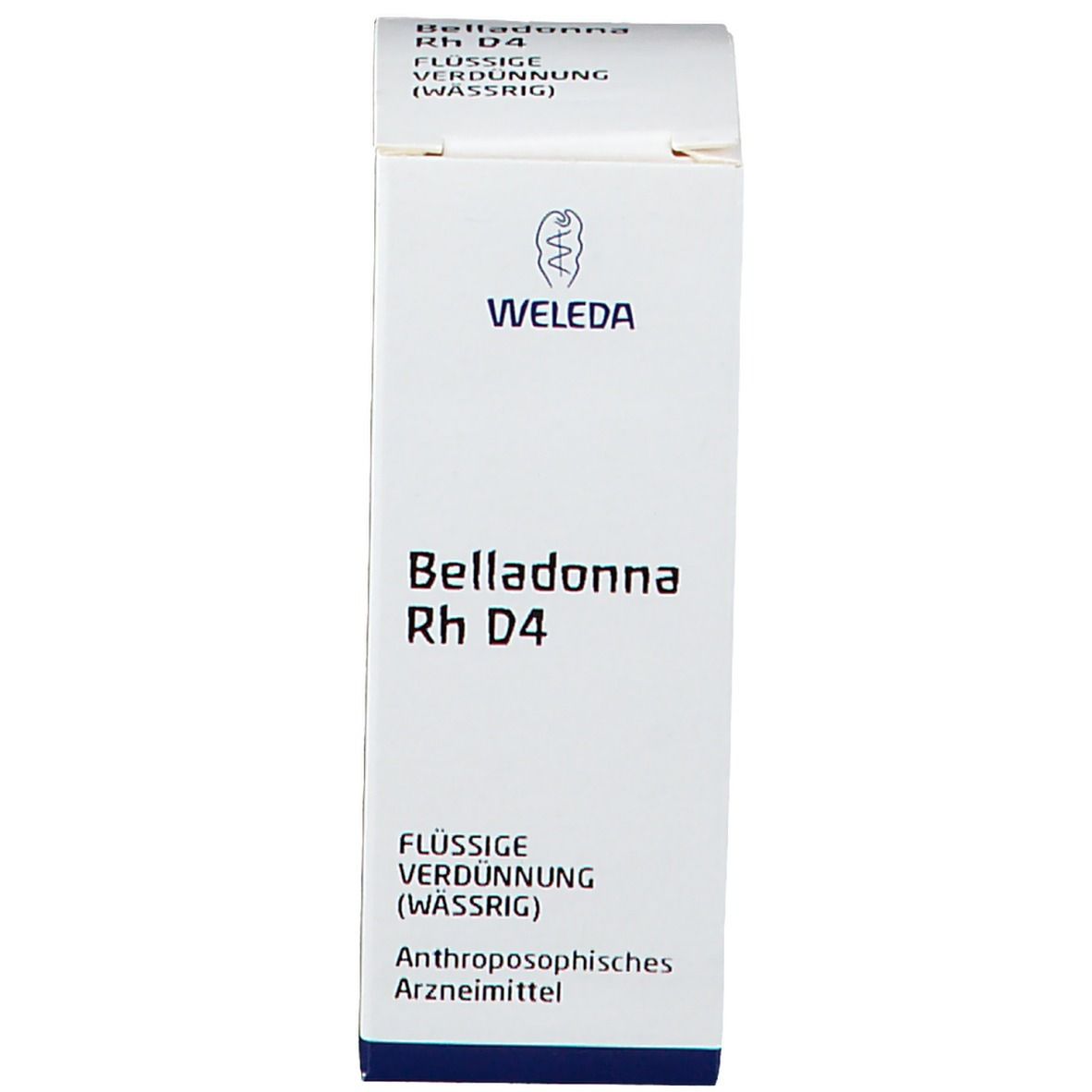 Weißer Karton mit Beschriftung: Weleda, Belladonna Rh D4, Flüssige Verdünnung (wässrig).