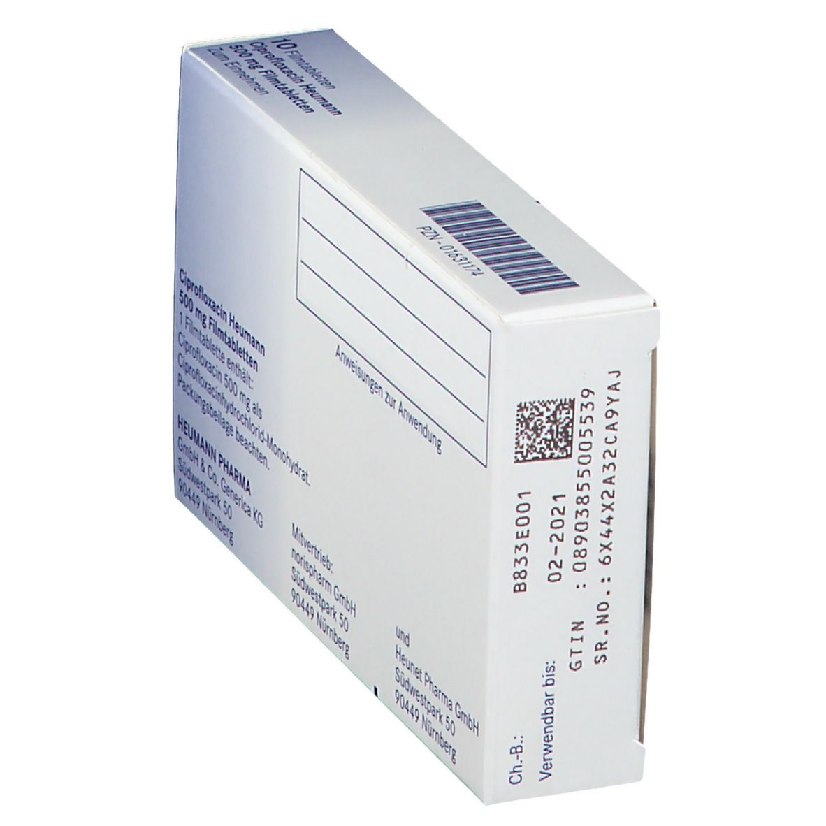 Rückseite der Schachtel mit Ciprofloxacin Heumann 500 mg Filmtabletten. Text und Barcode.
