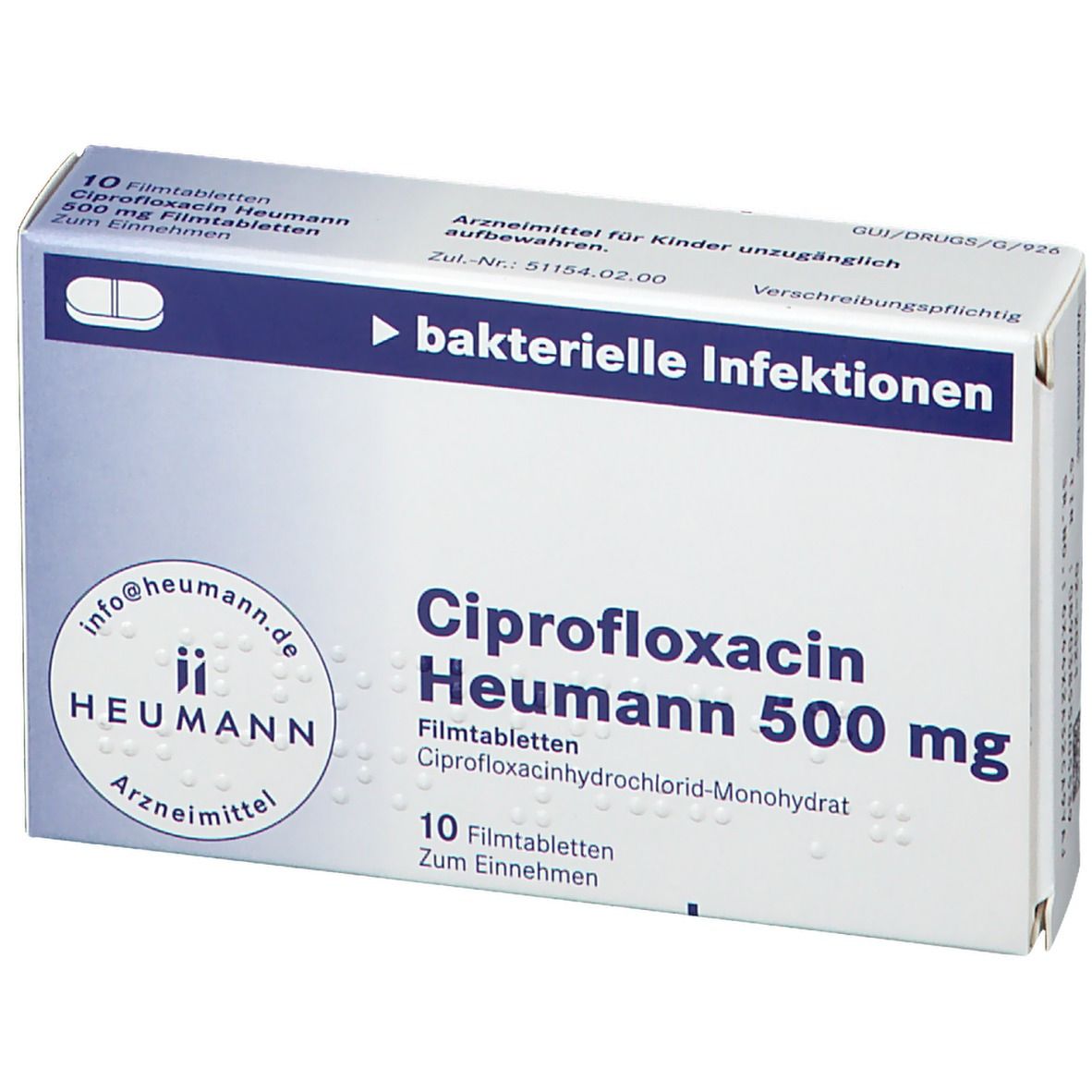 Schachtel mit Ciprofloxacin Heumann 500 mg Filmtabletten. 10 Tabletten. Aufschrift: bakterielle Infektionen.