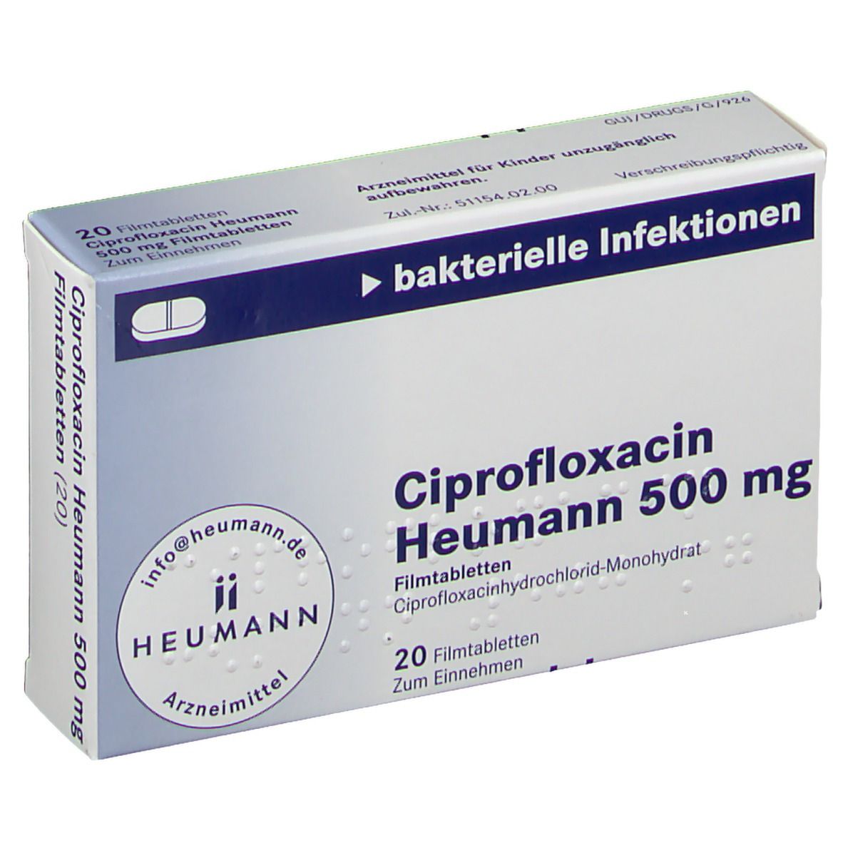 Ciprofloxacin Heumann 500 mg Filmtabl. Packung. Vorderseite mit Produktnamen, Dosierung, und Herstellerlogo. Enthält 20 Filmtabletten.