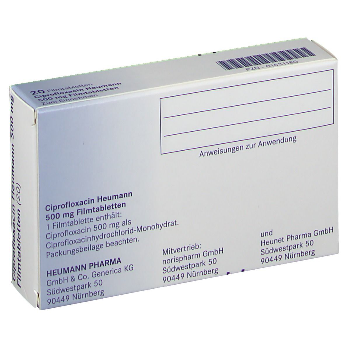 Rückseite der Ciprofloxacin Heumann 500 mg Packung. Enthält Informationen zu Hersteller, Inhaltsstoffen und Anwendungshinweisen.