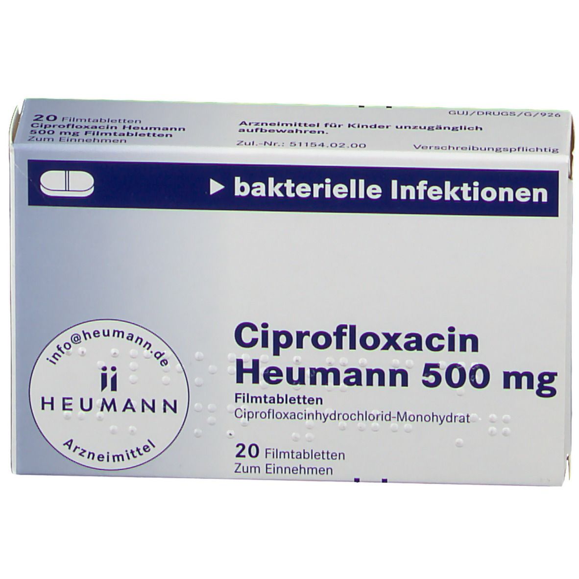 Ciprofloxacin Heumann 500 mg Filmtabl. Packung. Vorderseite mit Produktnamen, Dosierung, und Herstellerlogo. Enthält 20 Filmtabletten.