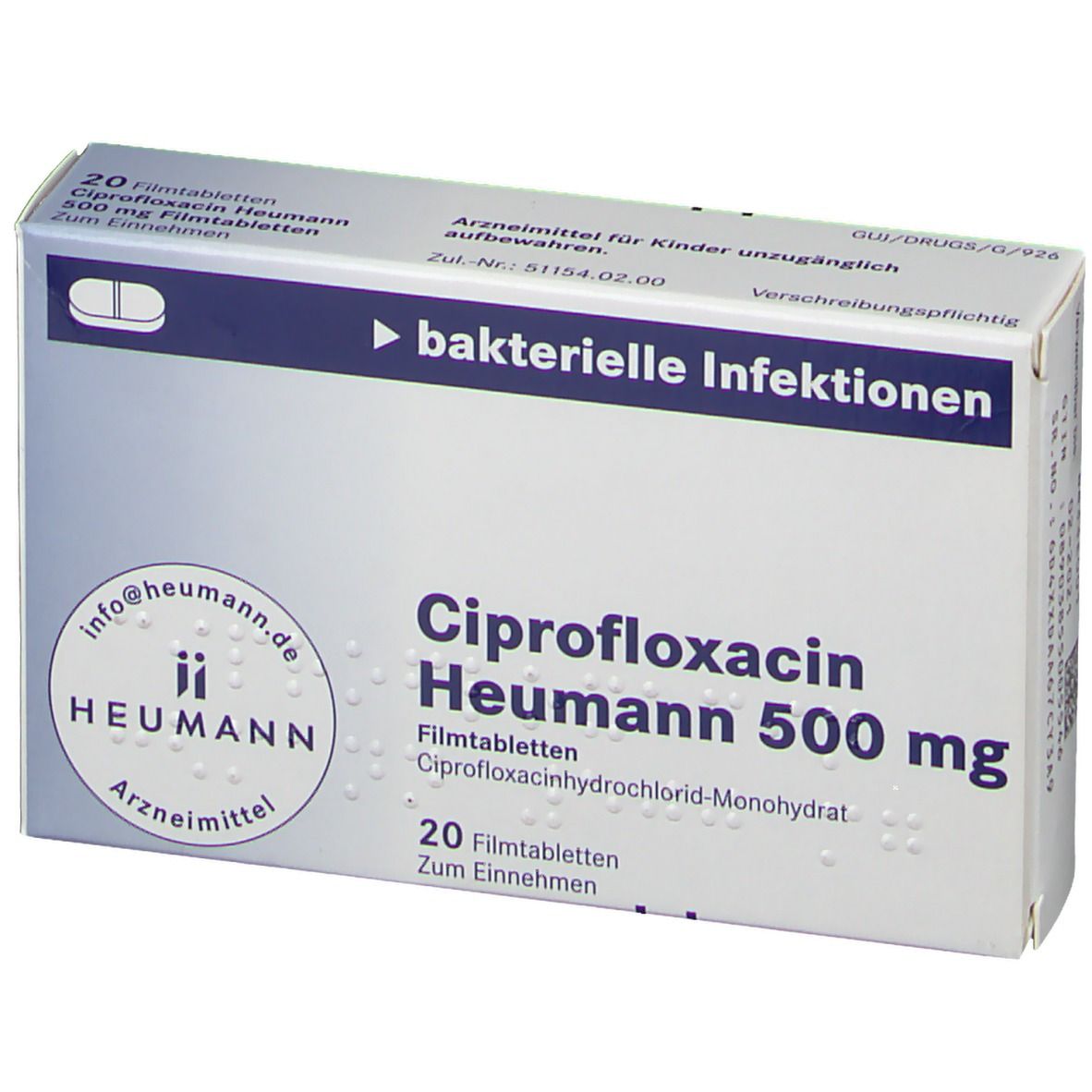 Ciprofloxacin Heumann 500 mg Filmtabl. Packung. Vorderseite mit Produktnamen, Dosierung, und Herstellerlogo. Enthält 20 Filmtabletten.