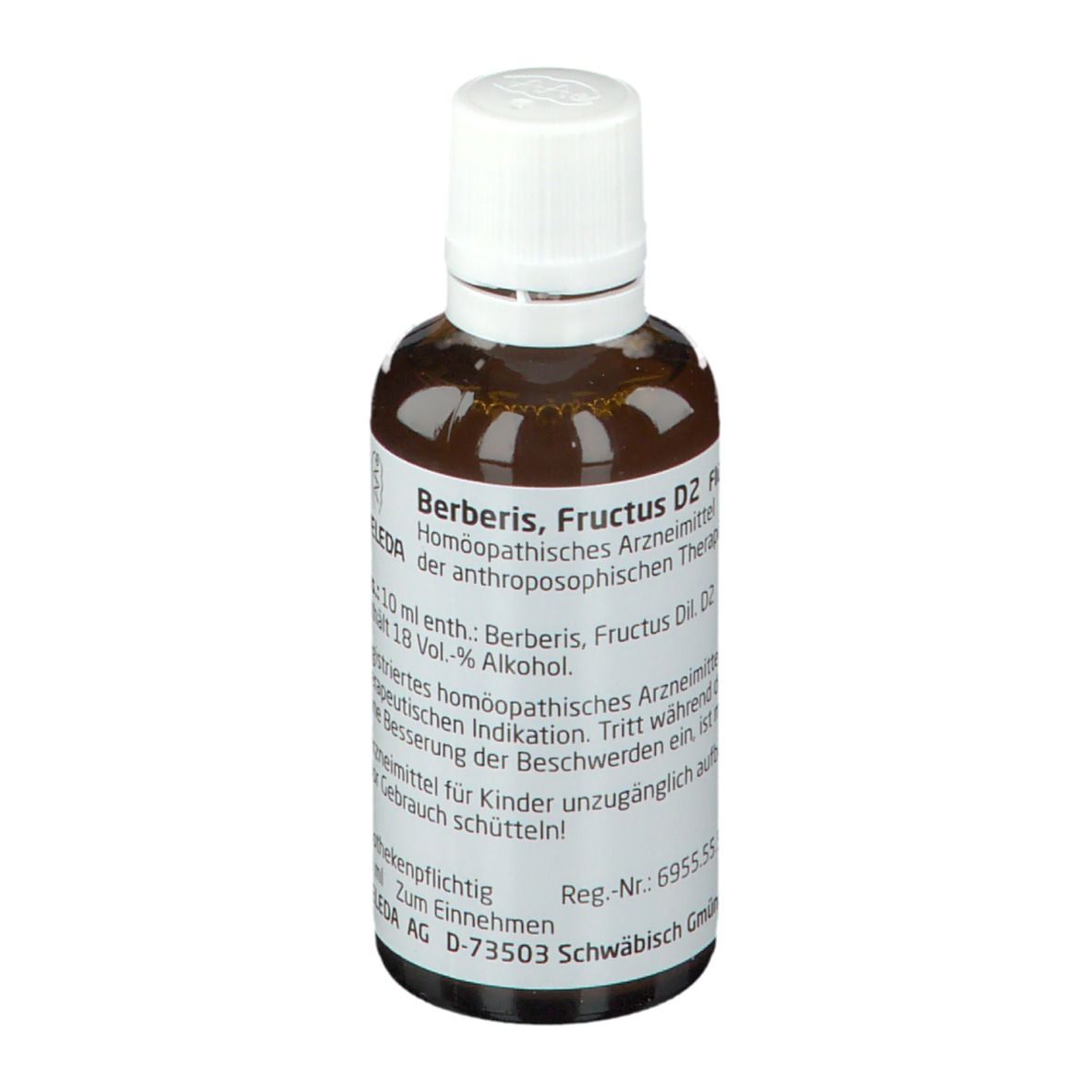 Braune Glasflasche mit weißem Deckel. Beschriftung: Berberis Fructus D2, 10 ml, 18 Vol.-% Alkohol.