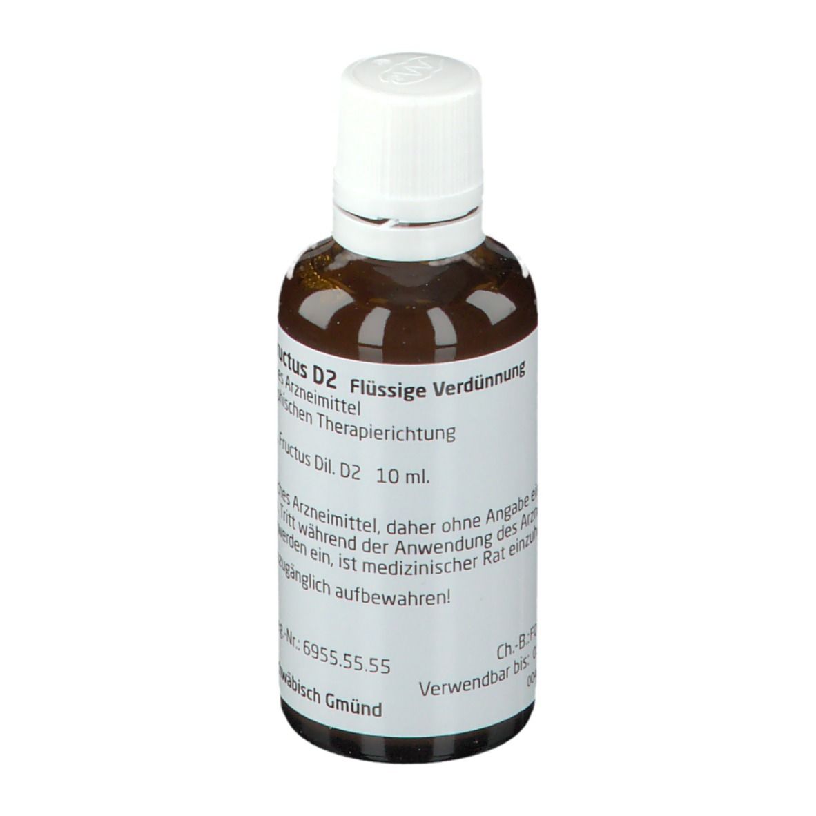 Braune Glasflasche mit weißem Deckel. Beschriftung: Berberis Fructus D2, Flüssige Verdünnung, 10 ml.