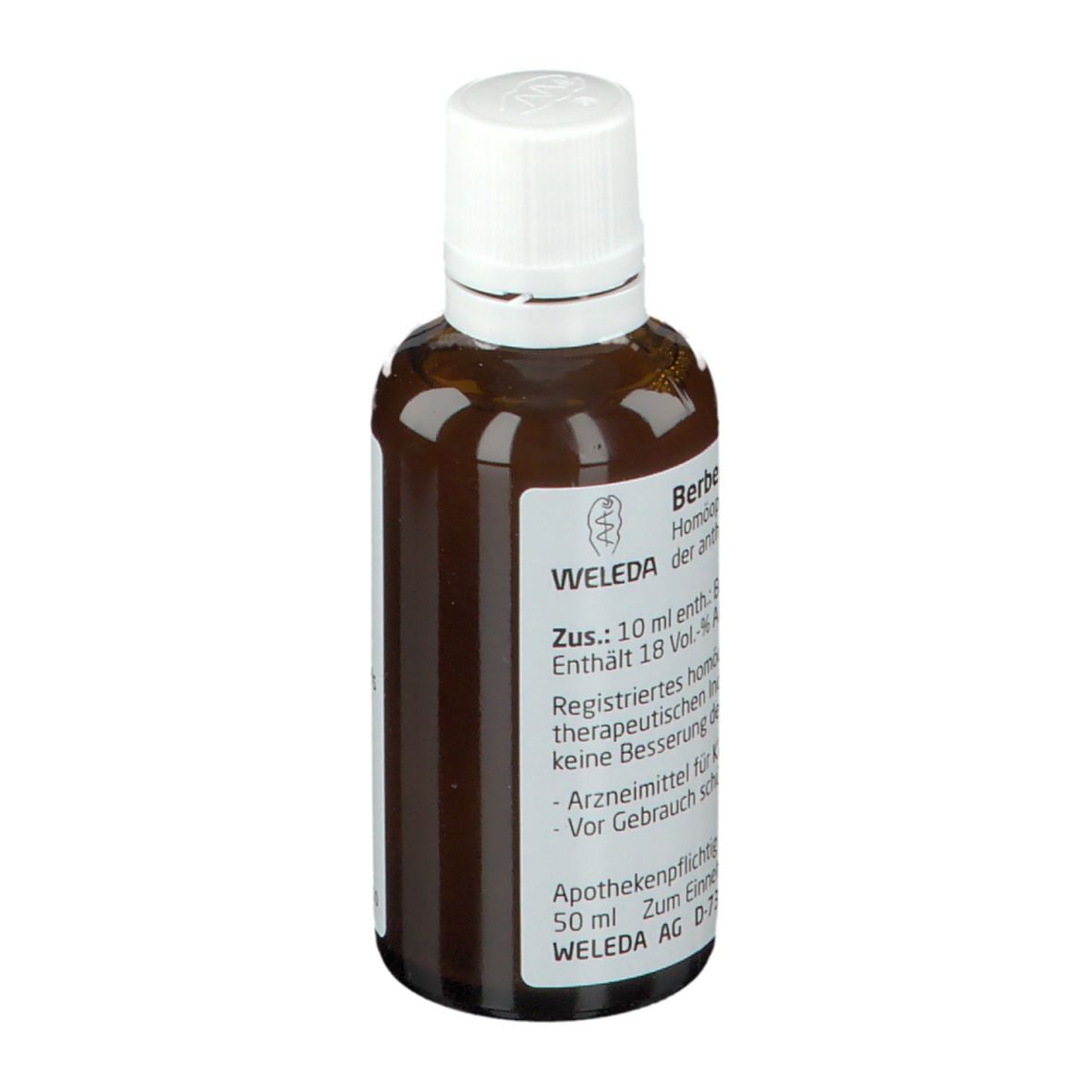 Braune Glasflasche mit weißem Deckel. Beschriftung: WELEDA, Berberis, Fructus D2, 10 ml, 18 Vol.-% Alkohol.