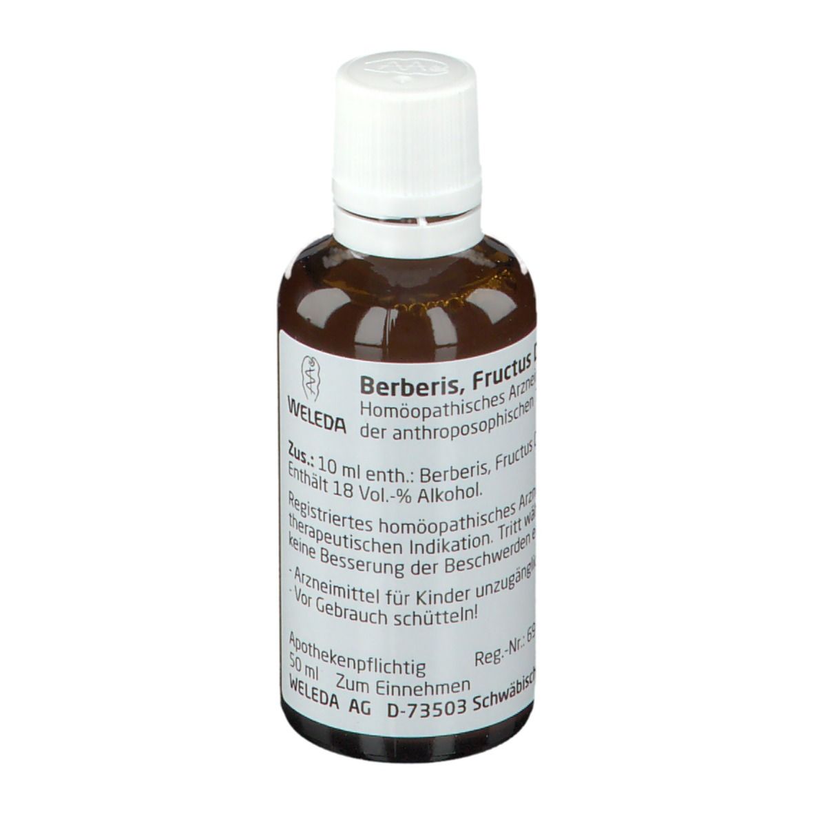 Braune Glasflasche mit weißem Deckel. Beschriftung: WELEDA, Berberis, Fructus D2, 10 ml, 18 Vol.-% Alkohol.