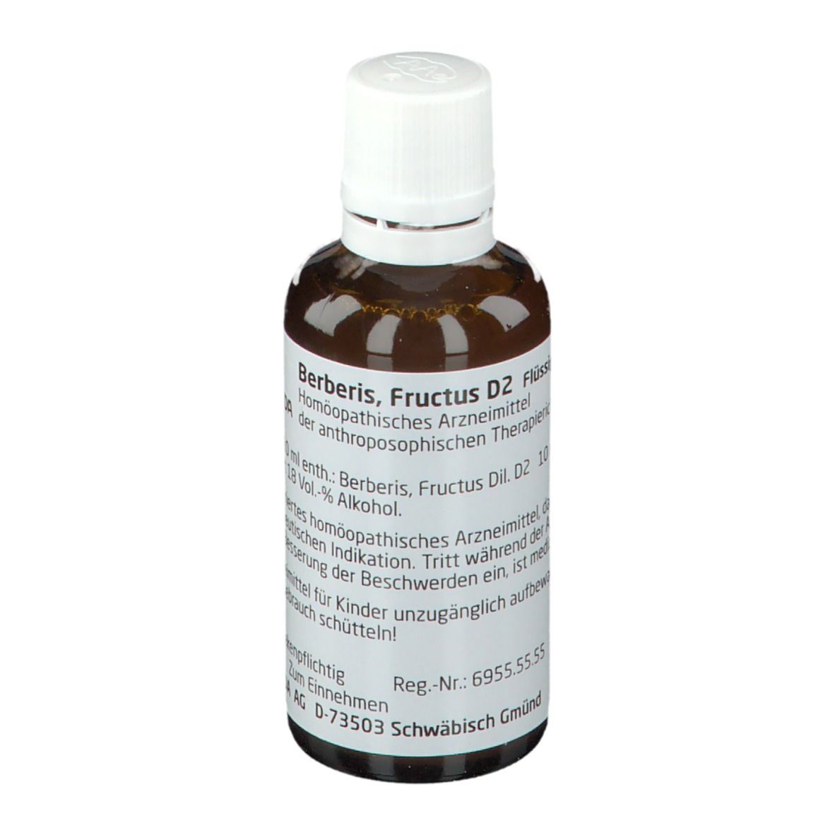 Braune Glasflasche mit weißem Deckel. Beschriftung: WELEDA, Berberis, Fructus D2, 10 ml, 18 Vol.-% Alkohol.