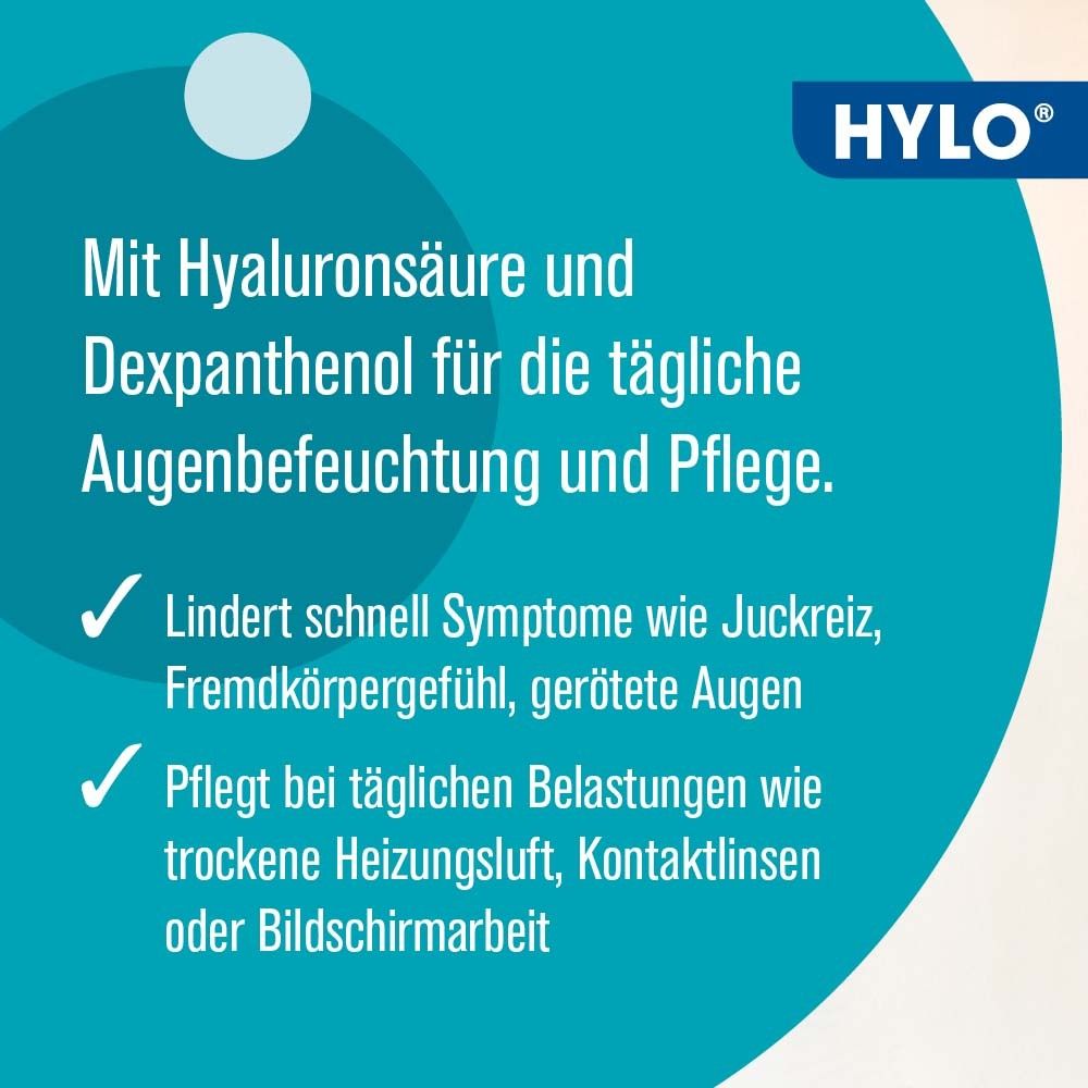 Text auf blauem Hintergrund: Mit Hyaluronsäure und Dexpanthenol. Lindert Symptome. Pflegt bei Belastungen wie trockener Heizungsluft.