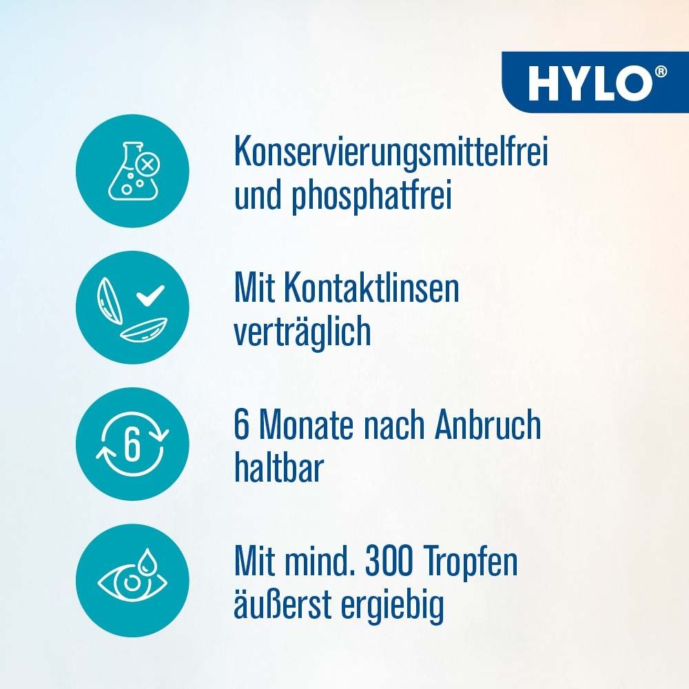 Text auf blauem Hintergrund: Konservierungsmittelfrei und phosphatfrei. Mit Kontaktlinsen verträglich. 6 Monate haltbar. 300 Tropfen.
