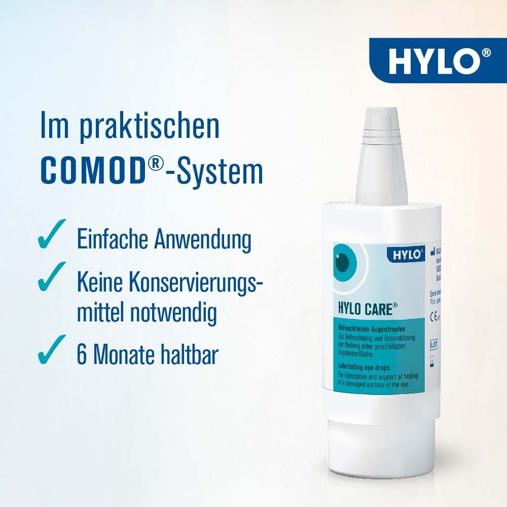 Text auf blauem Hintergrund: Im praktischen COMOD®-System. Einfache Anwendung. Keine Konservierungsmittel. 6 Monate haltbar.