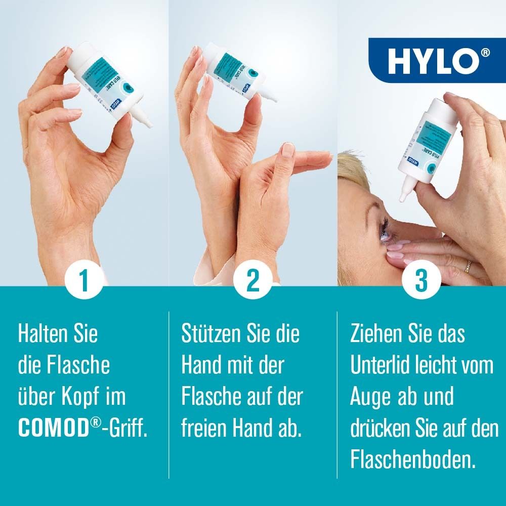 Anwendung von HYLO CARE®: 3 Schritte. Flasche über Kopf halten. Hand abstützen. Unterlid abziehen und drücken.