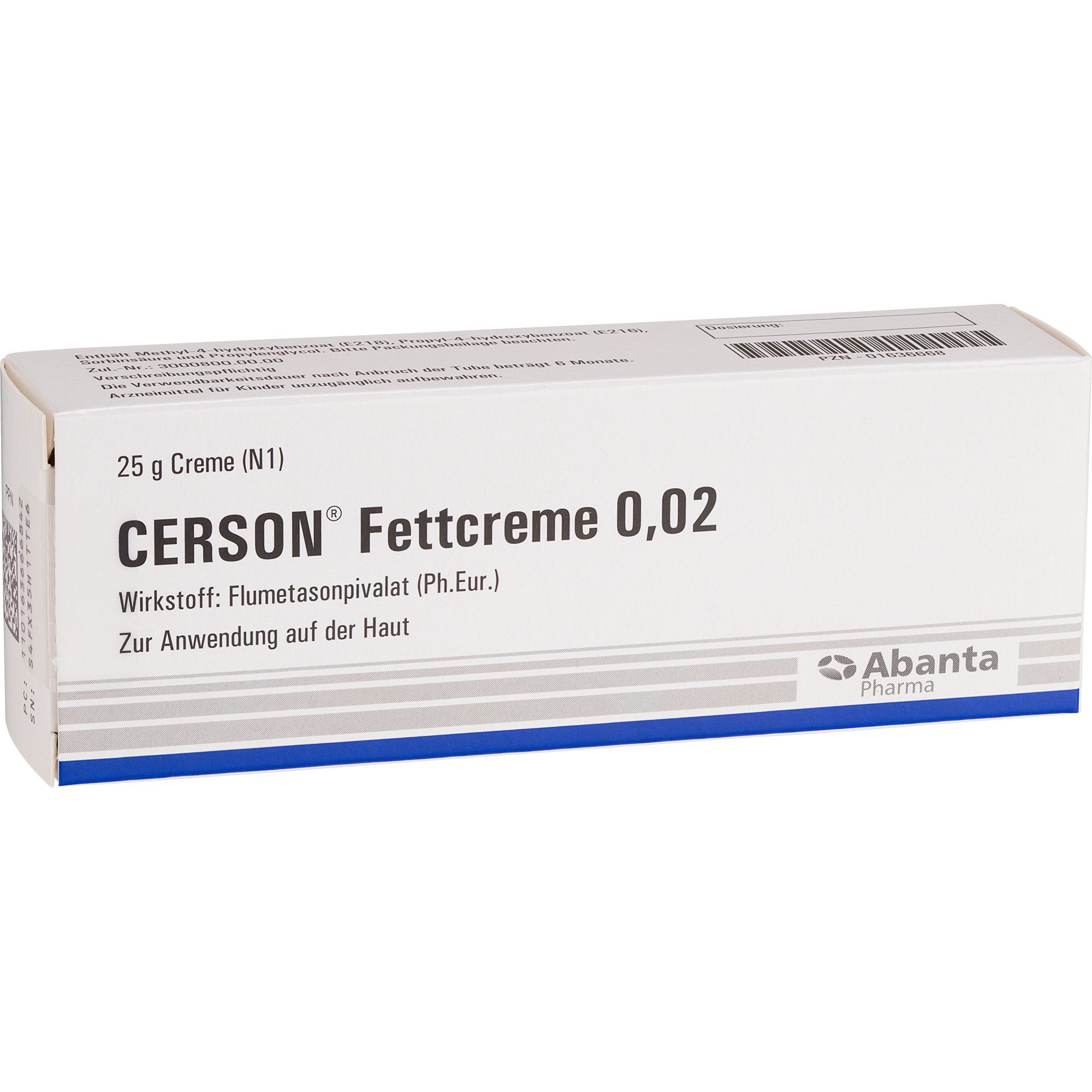 Schachtel mit Aufschrift: CERSON® Fettcreme 0,02. Wirkstoff: Flumetasonpivalat. Abanta Pharma Logo.