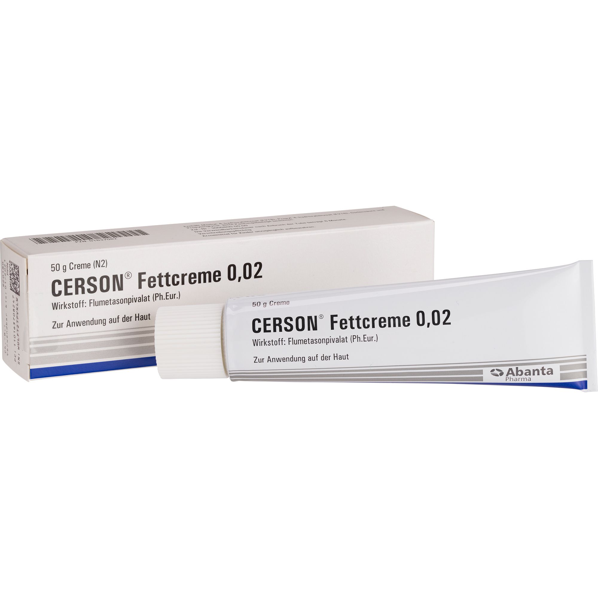 Creme-Tube und Faltschachtel. Aufschrift: CERSON Fettcreme 0,02. Abanta Pharma Logo.