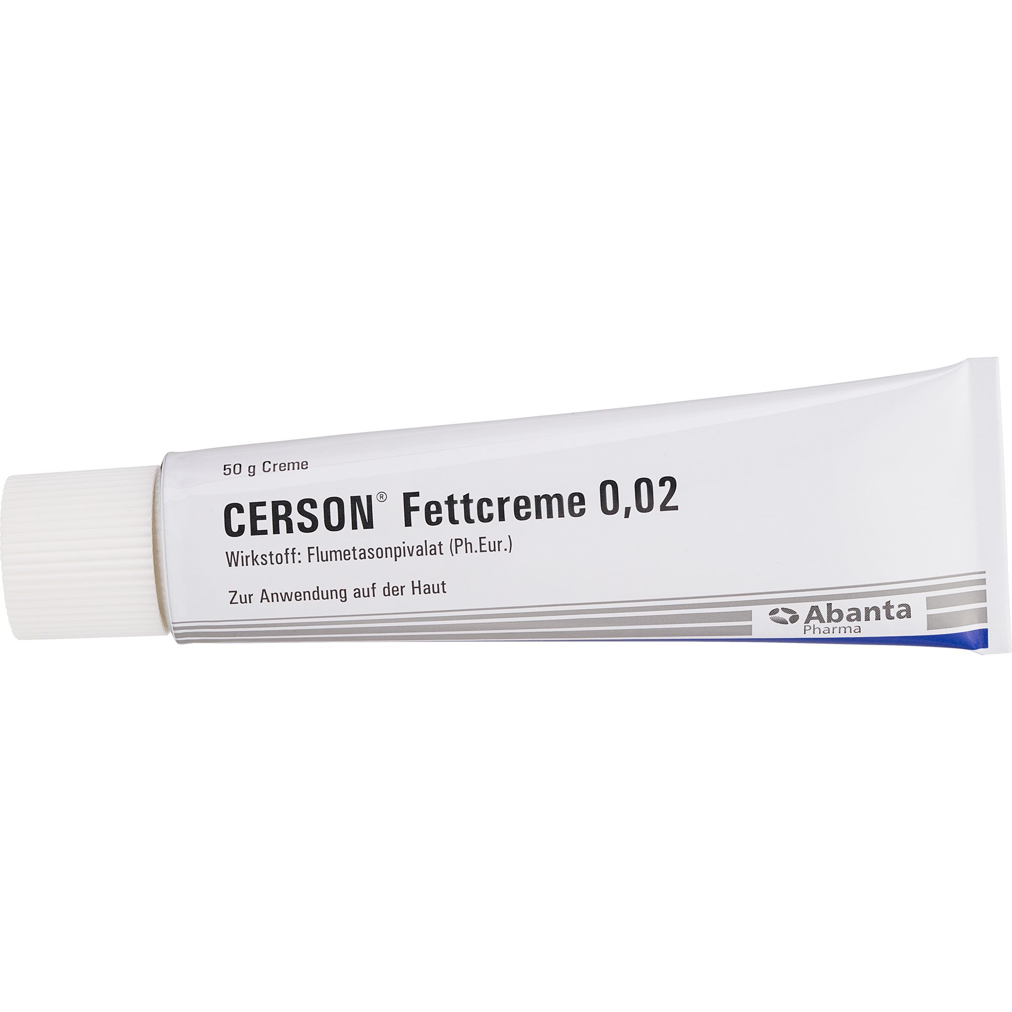 Creme-Tube. Aufschrift: CERSON Fettcreme 0,02. Abanta Pharma Logo.