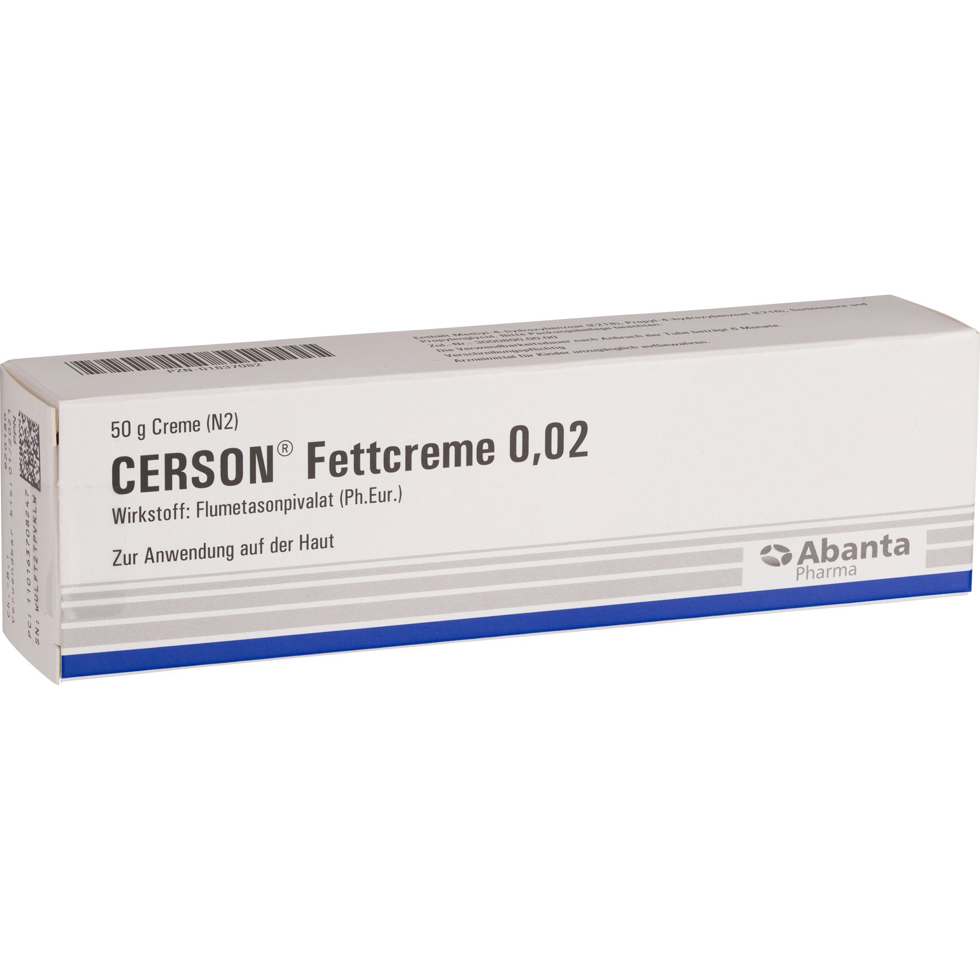 Faltschachtel. Aufschrift: CERSON Fettcreme 0,02. Abanta Pharma Logo.