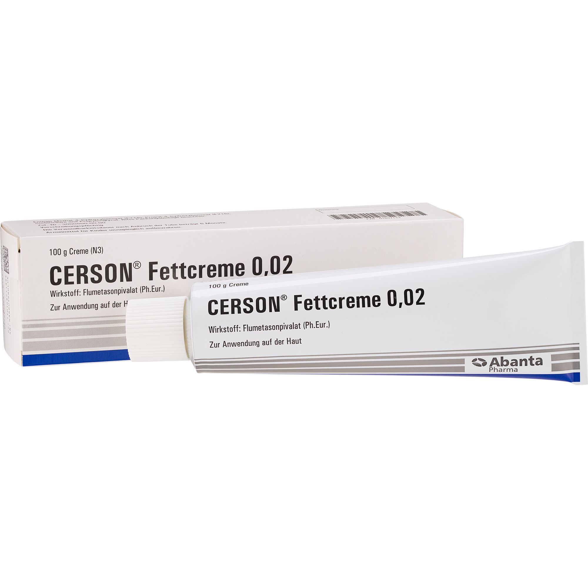 Creme-Tube und Faltschachtel mit Aufschrift CERSON® Fettcreme 0,02. Wirkstoff: Flumetasonpivalat.