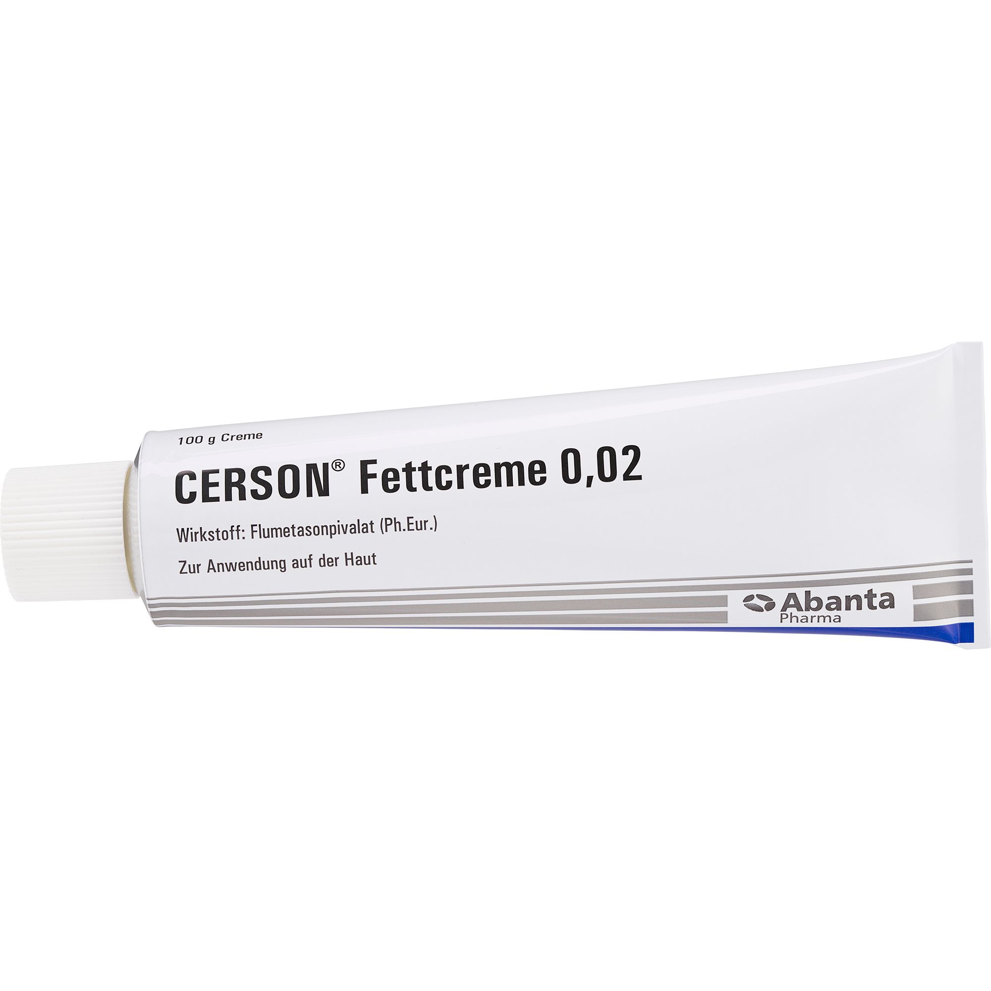 Creme-Tube mit Aufschrift CERSON® Fettcreme 0,02. Wirkstoff: Flumetasonpivalat. Abanta Pharma Logo.