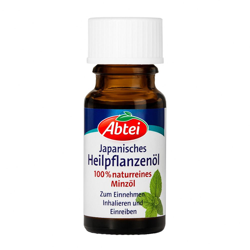 Braunglasflasche mit weißem Verschluss. Aufschrift: Abtei Japanisches Heilpflanzenöl, 100% naturreines Minzöl. Etikett mit Logo und Produktbezeichnung.