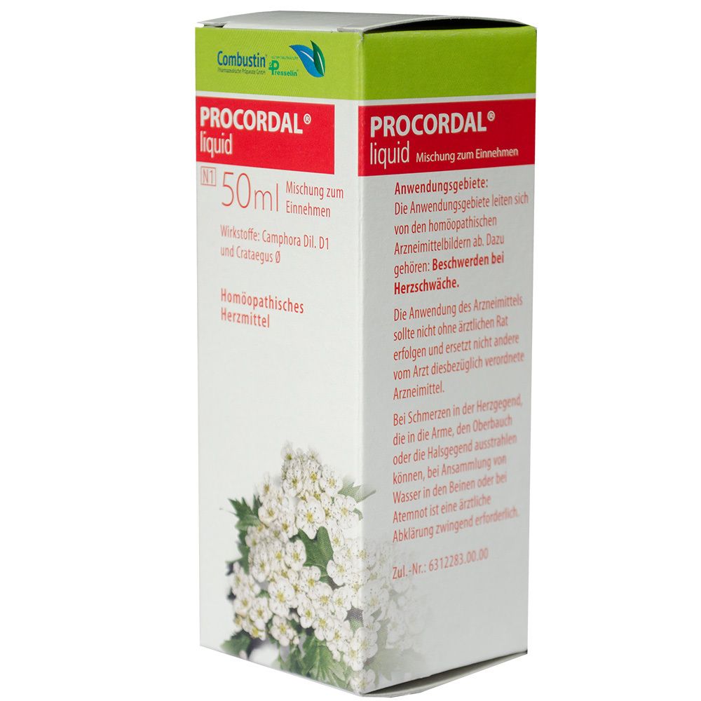 Verpackung von PROCORDAL® liquid. Rote und weiße Box mit Produktnamen und Text. 50ml-Angabe.