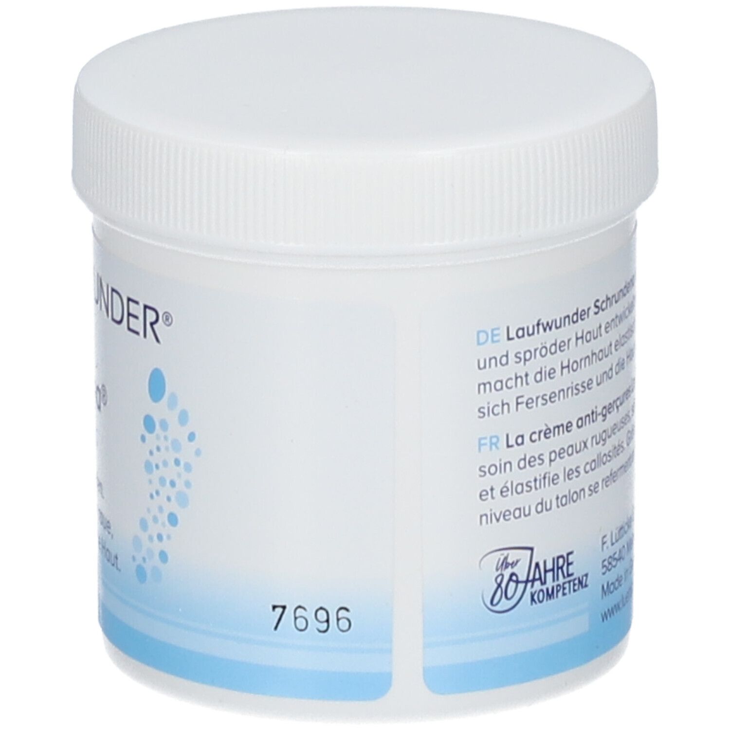 Weißes Tiegel mit Deckel. Aufschrift: LAUFWUNDER, Schrundena, regenerierend. Text auf der Rückseite.