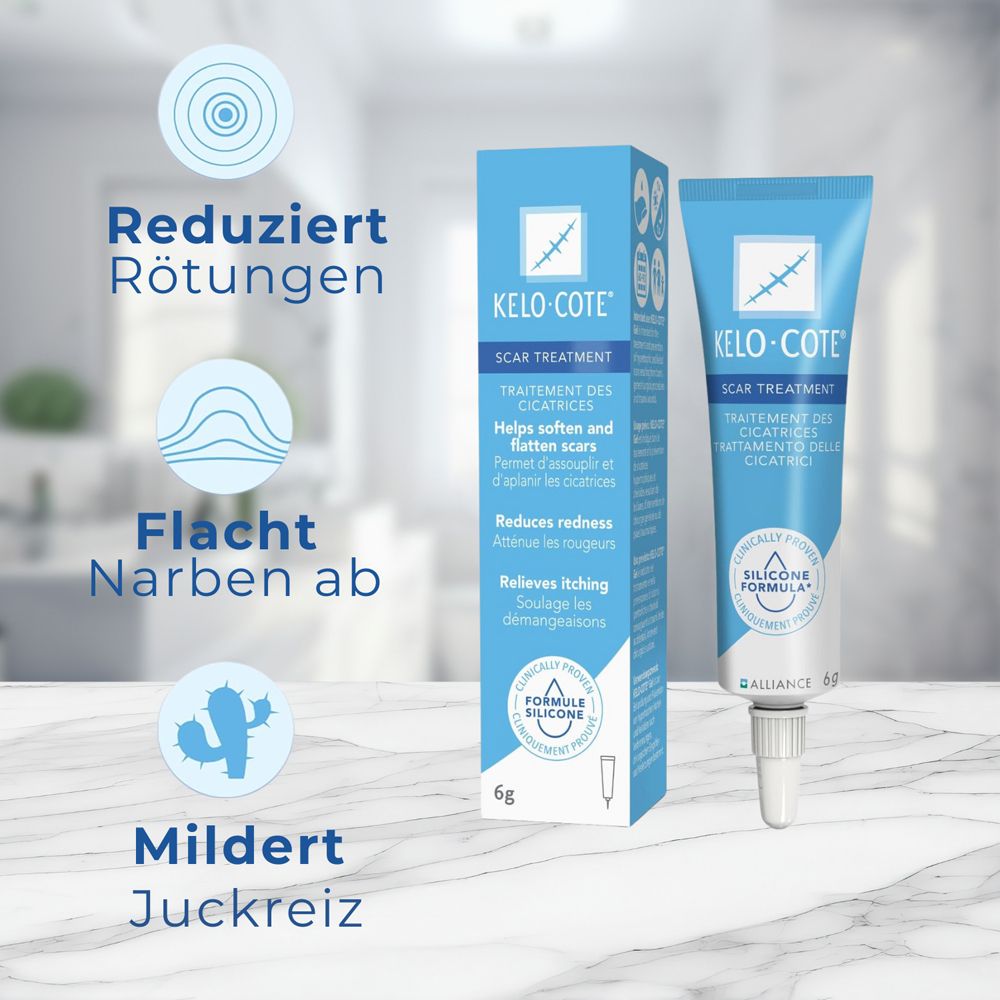 Kelo-cote® Narbengel und Verpackung. Blaue Tube und Schachtel mit Produktinformationen und Logo.