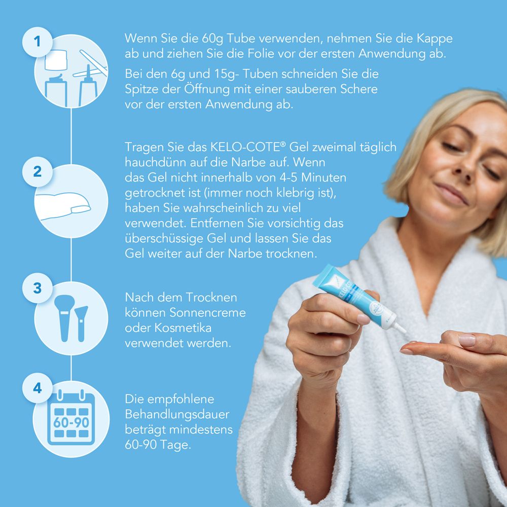 Frau trägt Kelo-cote® Gel auf. Anweisungen: Kappe ab, Folie entfernen, Gel auftragen, trocknen lassen.