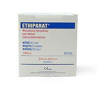 Weiße Box mit blauer Schrift. Enthält medizinische Handschuhe. Text: Ethiparat, mittel, 50 Paar. Marke: Johnson & Johnson.