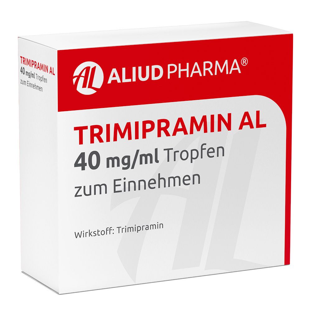 Weiß-rote Faltschachtel mit Produktnamen Trimipramin AL 40 mg/ml Tropfen. Logo AL. Text auf Deutsch.