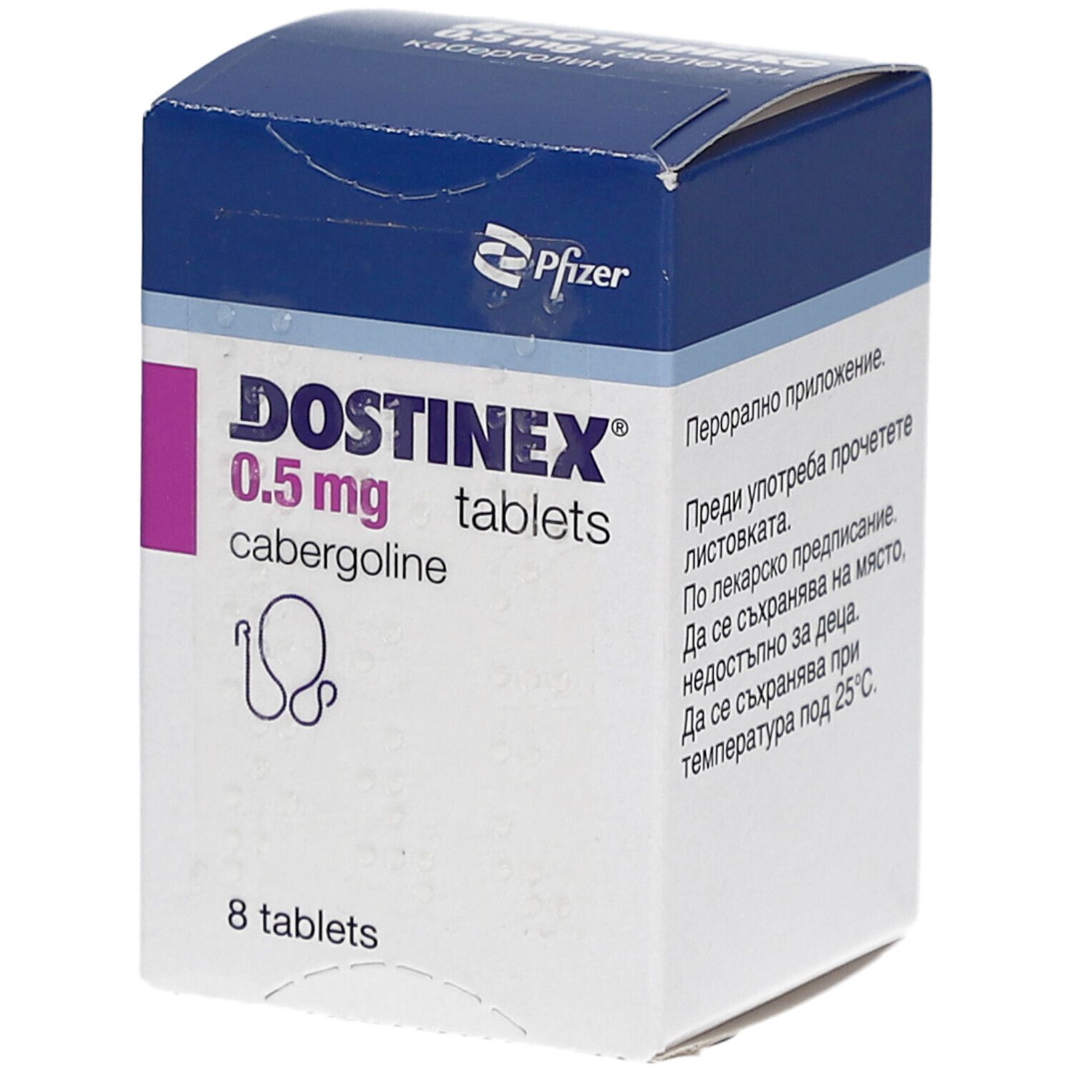 Dostinex 0,5 mg Tabletten-Packung. Blaue und weiße Schachtel mit lila Akzenten. Enthält 8 Tabletten.