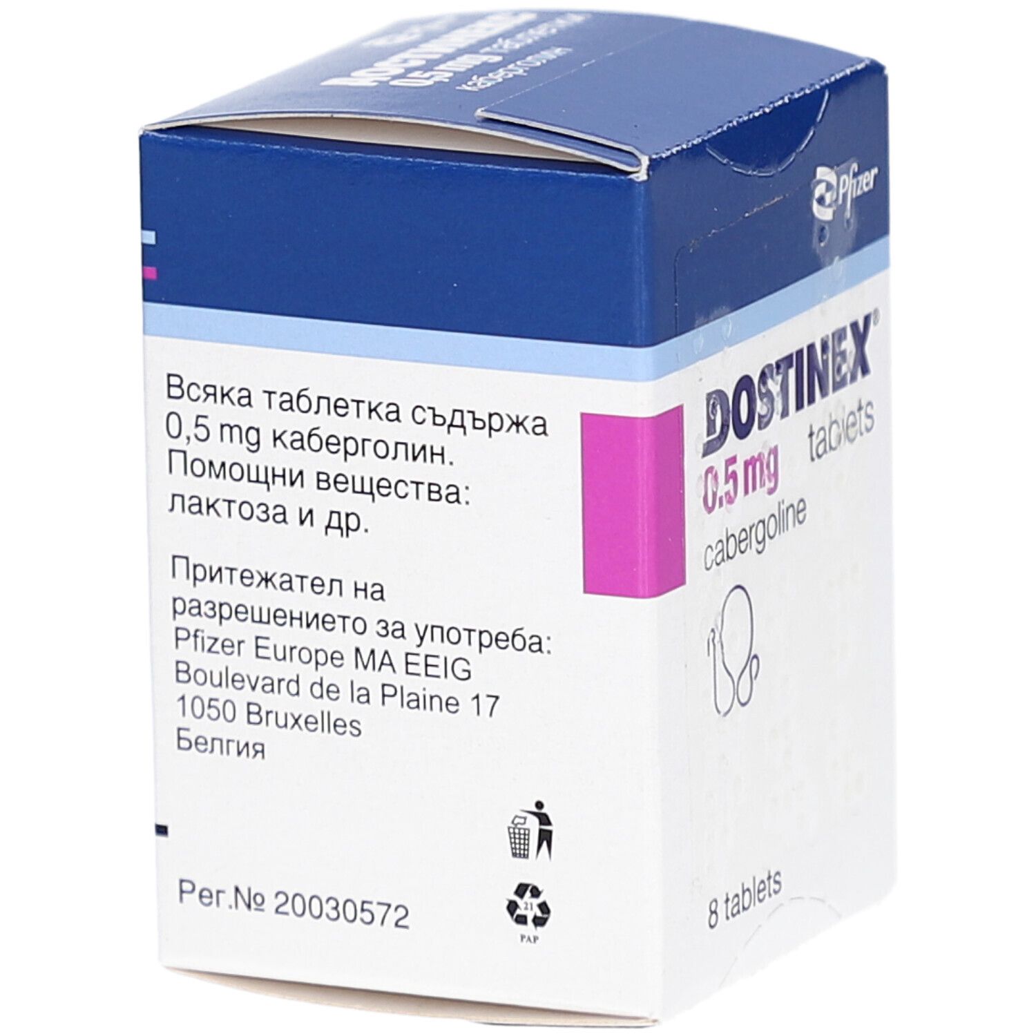 Dostinex 0,5 mg Tabletten-Packung. Rückseite der Schachtel mit Text. Enthält 8 Tabletten.