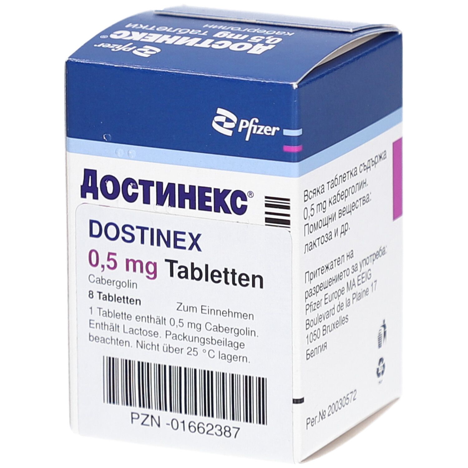 Dostinex 0,5 mg Tabletten-Packung. Blaue und weiße Schachtel mit Text. Enthält 8 Tabletten.