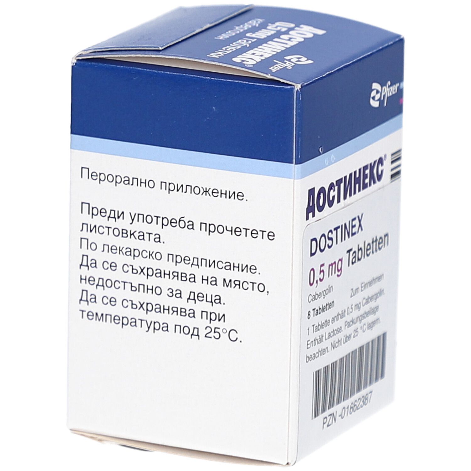Dostinex 0,5 mg Tabletten-Packung. Rückseite der Schachtel mit Text. Enthält 8 Tabletten.
