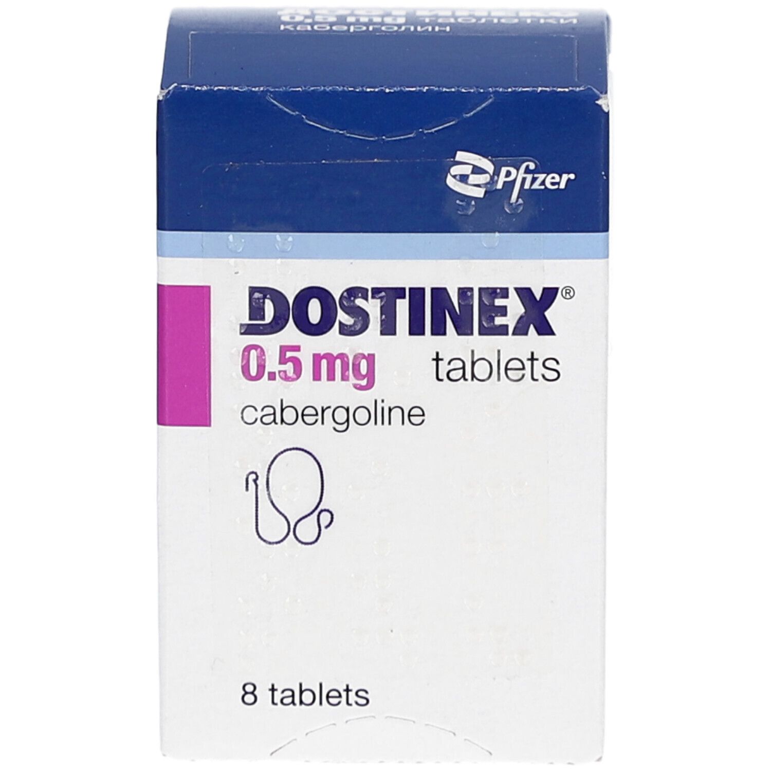 Dostinex 0,5 mg Tabletten-Packung. Blaue und weiße Schachtel mit lila Akzenten. Enthält 8 Tabletten.