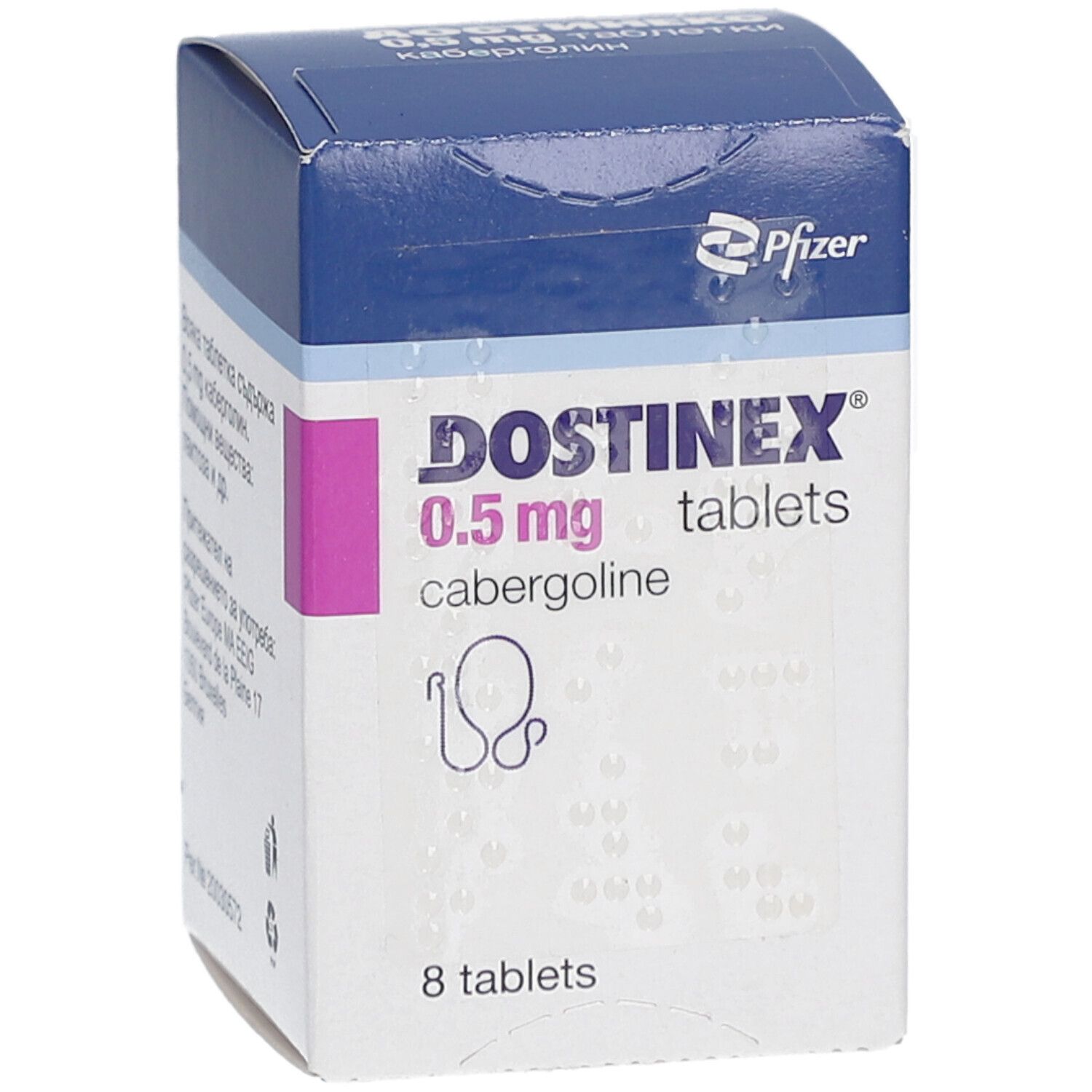 Dostinex 0,5 mg Tabletten-Packung. Blaue und weiße Schachtel mit lila Akzenten. Enthält 8 Tabletten.