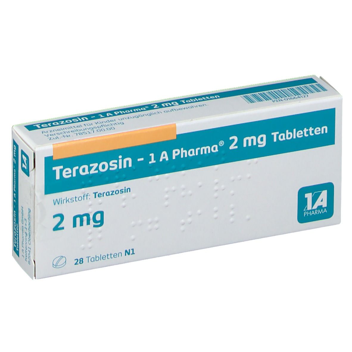 Schachtel mit Terazosin - 1 A Pharma 2 mg Tabletten. Blaue und weiße Verpackung mit Produktinformationen und 1 A Pharma Logo. 28 Tabletten.