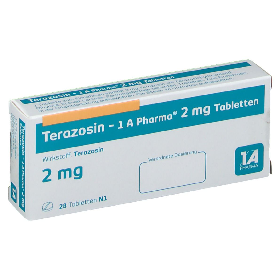 Schachtel Terazosin - 1 A Pharma 2 mg Tabletten. Weiße Verpackung mit blauer Schrift. Enthält Informationen und das 1 A Pharma Logo. 28 Tabletten.