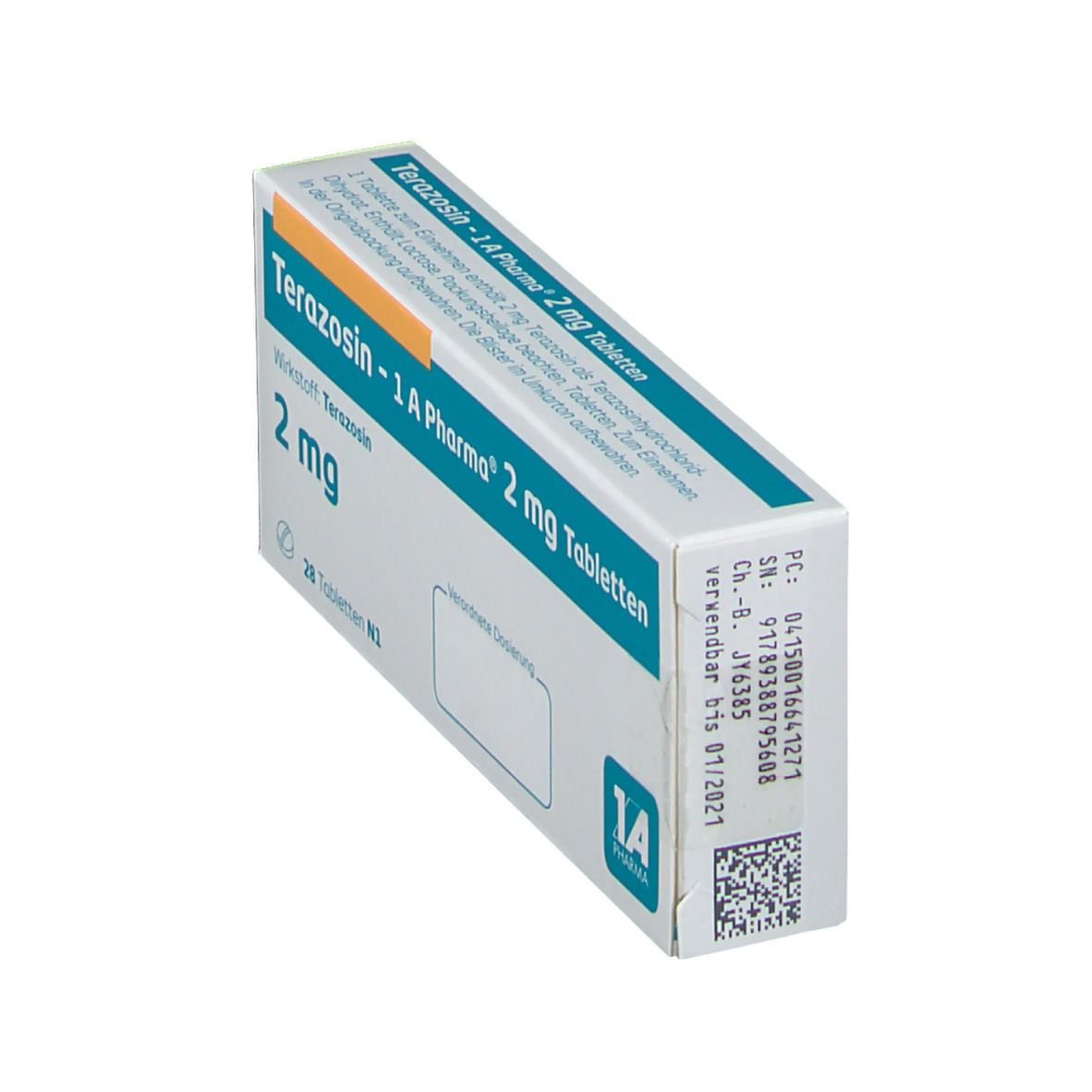 Schachtel Terazosin - 1 A Pharma 2 mg Tabletten. Weiße Verpackung mit blauer Schrift. Rückseite mit Chargennummer und Verfallsdatum. 1 A Pharma Logo.