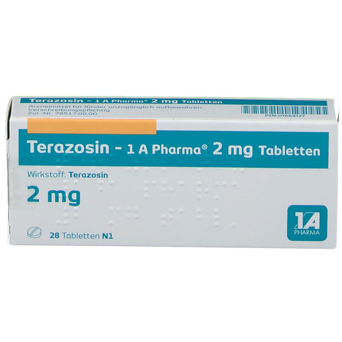 Schachtel Terazosin - 1 A Pharma 2 mg Tabletten. Weiße Verpackung mit blauer Schrift. Enthält Informationen und das 1 A Pharma Logo. 28 Tabletten.