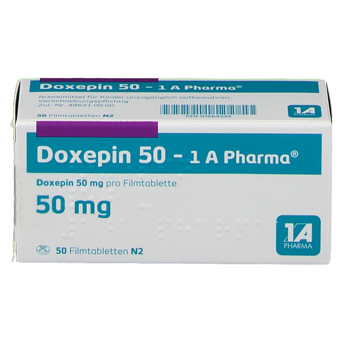 Doxepin 50 - 1 A Pharma Schachtel. Aufschrift: 50 mg, 50 Filmtabletten. Farbgebung: Weiß, Türkis, Lila.