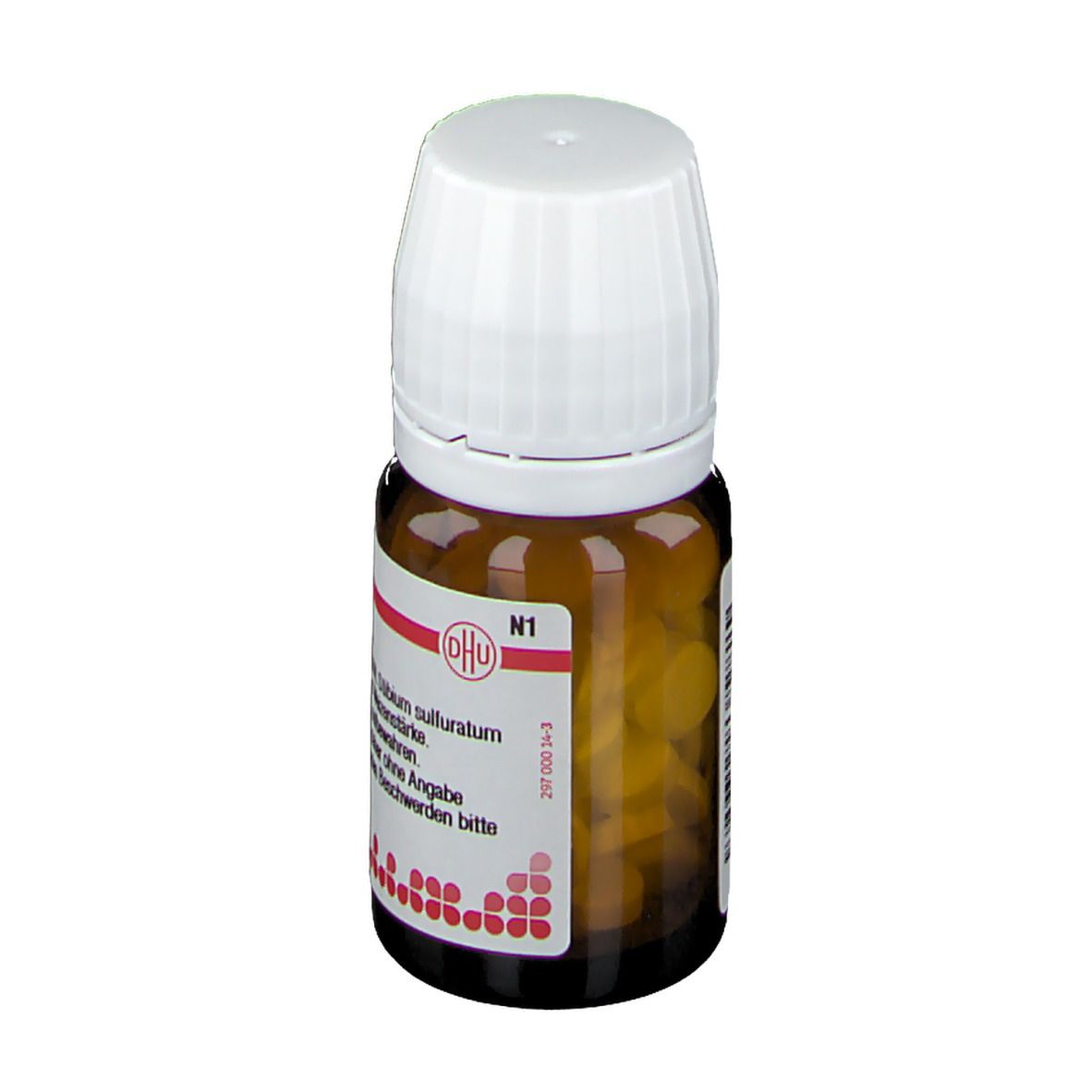 Braune Glasflasche mit weißem Deckel. Etikett mit Produktinformationen. DHU Stibium sulfuratum nigrum C4 Tabletten.