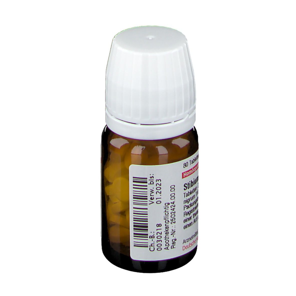 Braune Glasflasche mit weißem Deckel. Etikett mit Produktinformationen. DHU Stibium sulfuratum nigrum C4 Tabletten.