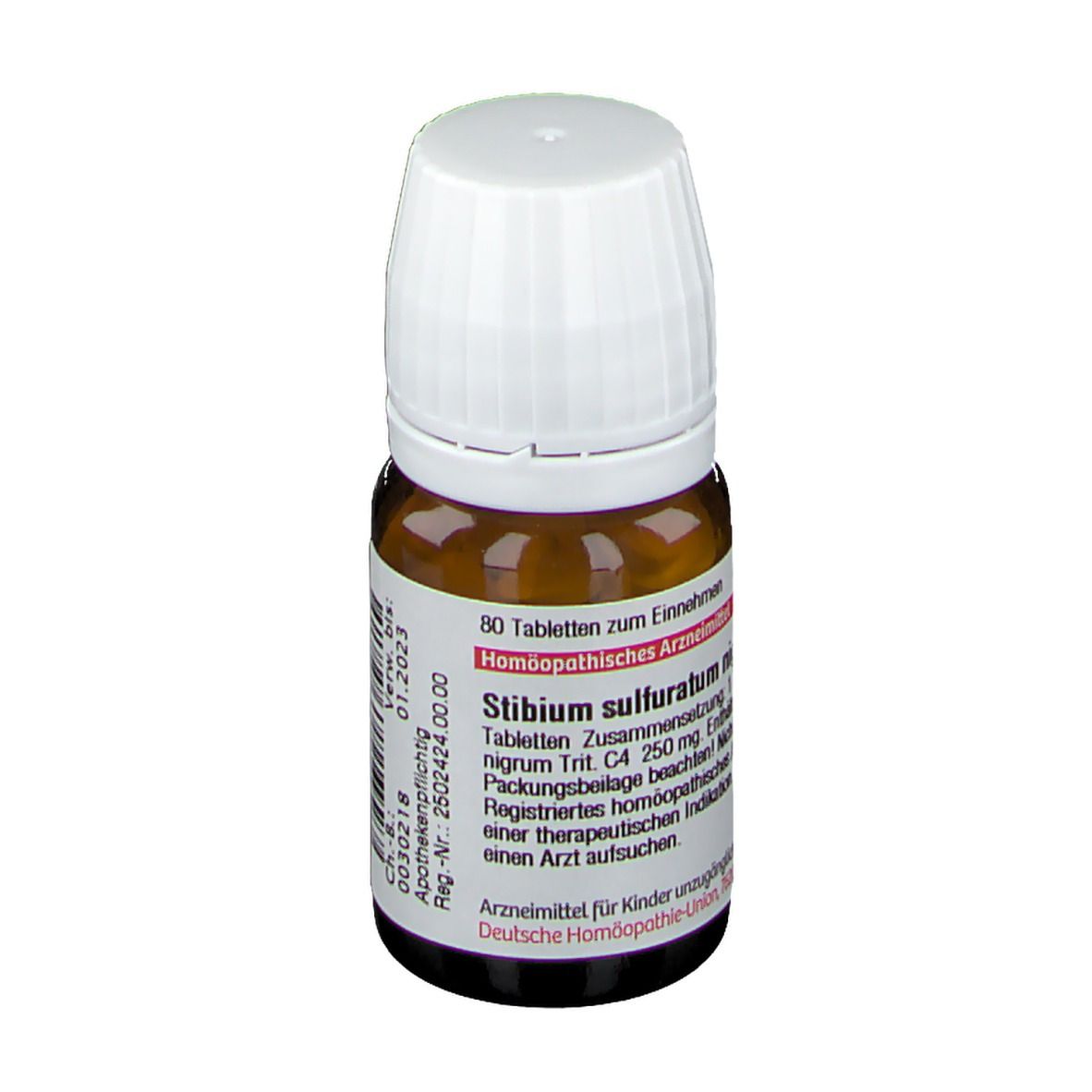 Braune Glasflasche mit weißem Deckel. Etikett mit Produktinformationen. DHU Stibium sulfuratum nigrum C4 Tabletten.