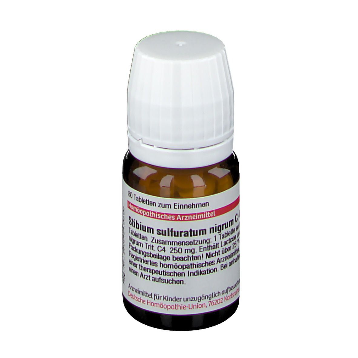 Braune Glasflasche mit weißem Deckel. Etikett mit Produktinformationen. DHU Stibium sulfuratum nigrum C4 Tabletten.