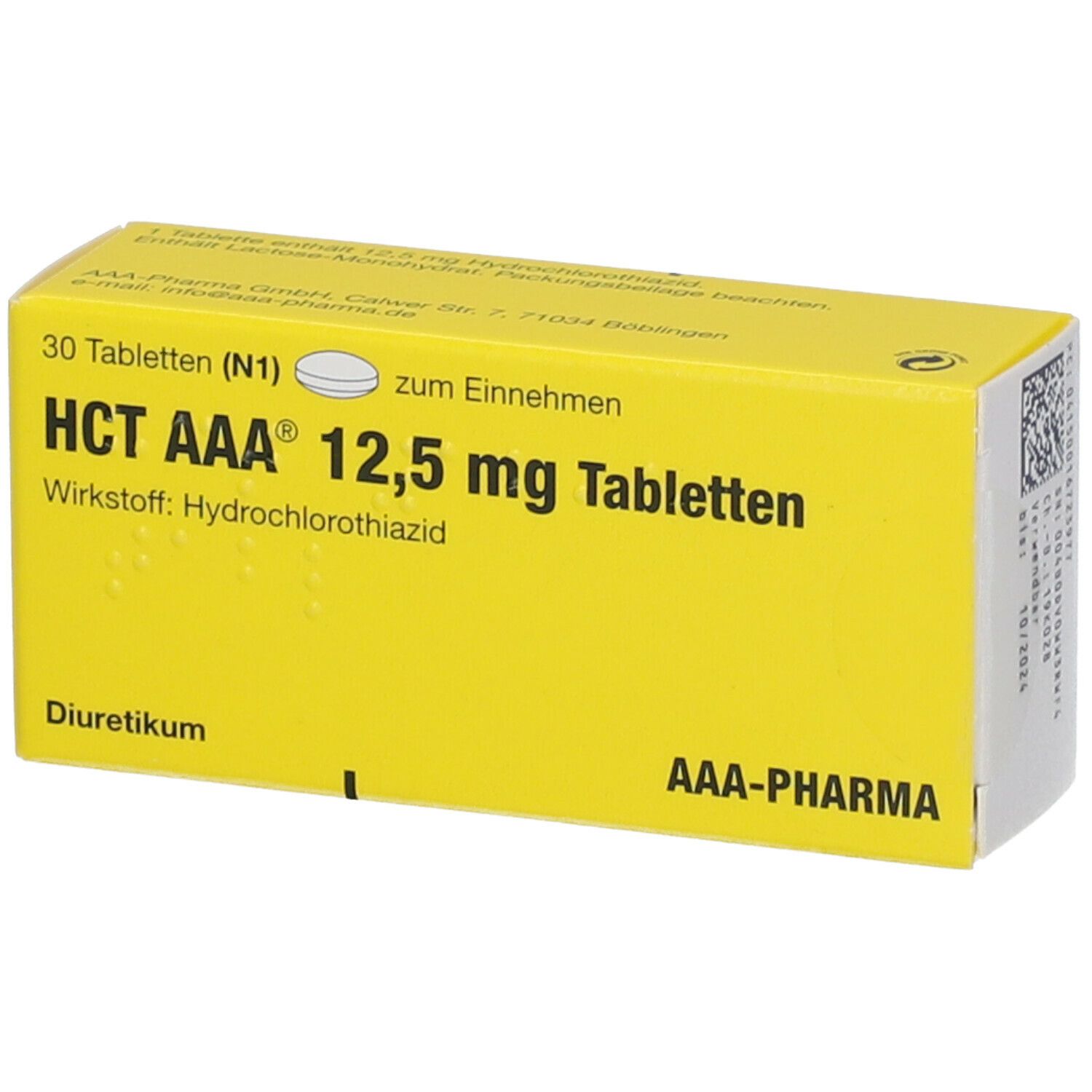 Gelbe Schachtel mit "HCT AAA 12,5 mg Tabletten". Enthält 30 Tabletten. Aufschrift "Diuretikum". Text in deutscher Sprache.