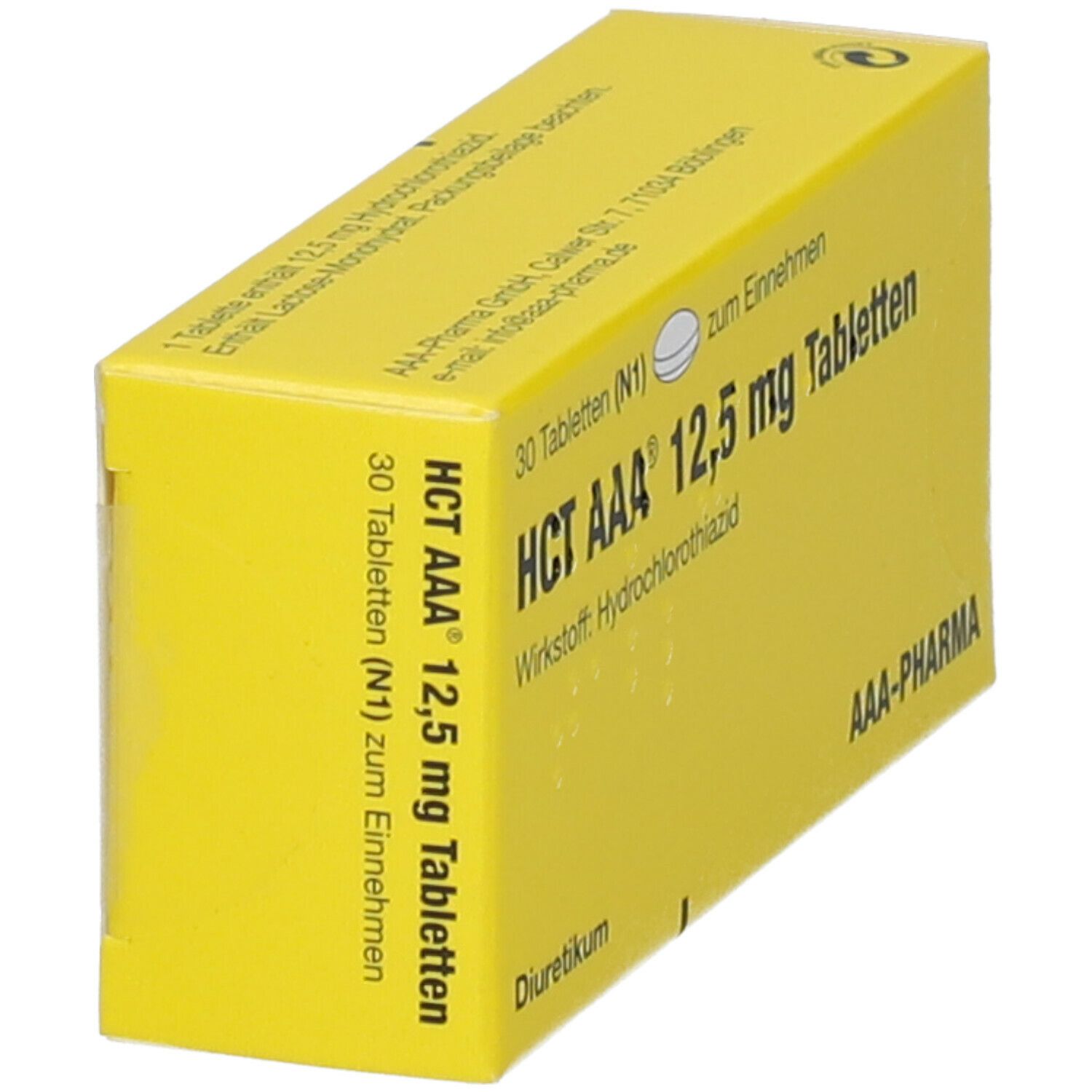 Gelbe Schachtel mit "HCT AAA 12,5 mg Tabletten". Enthält 30 Tabletten. Ansicht von oben und Seite. Text in deutscher Sprache.