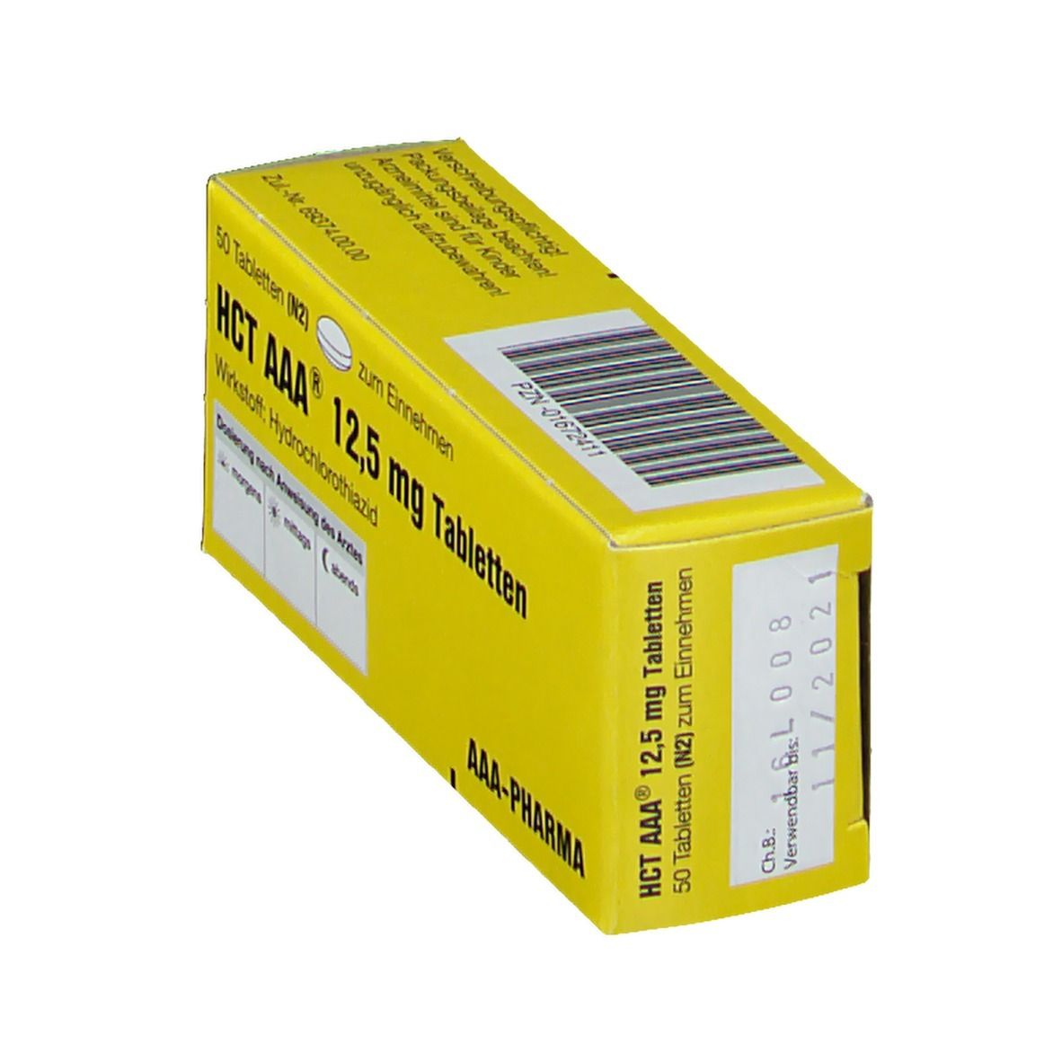 Gelbe Schachtel mit Aufschrift HCT AAA 12,5 mg Tabletten. Enthält 50 Tabletten. Hersteller AAA-Pharma. Verfallsdatum 11/2021.