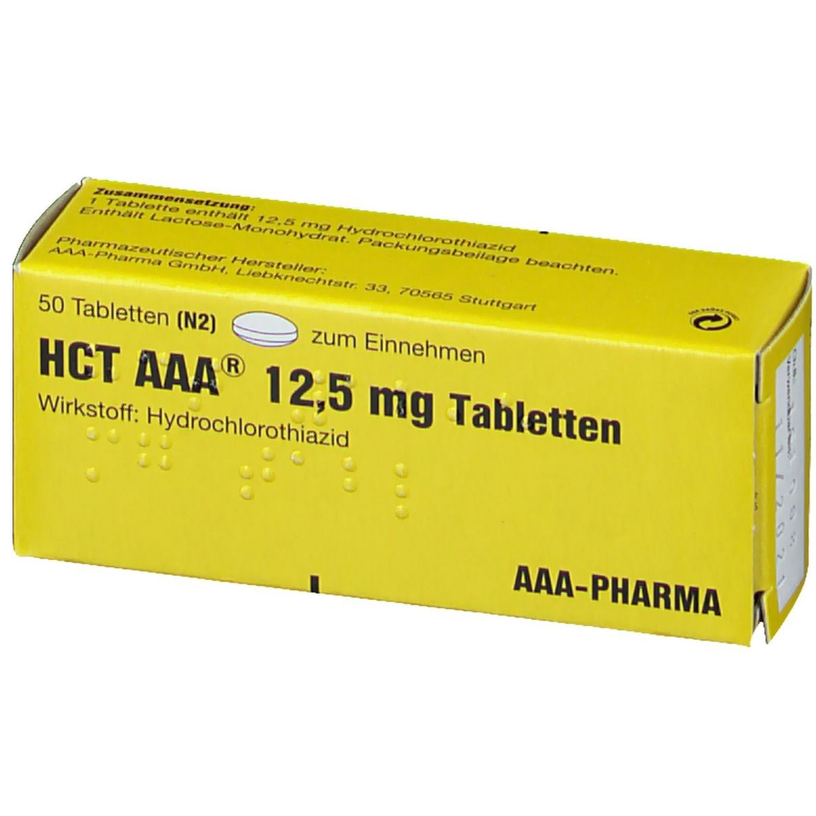Gelbe Schachtel mit Aufschrift HCT AAA 12,5 mg Tabletten. Enthält 50 Tabletten. Hersteller AAA-Pharma.