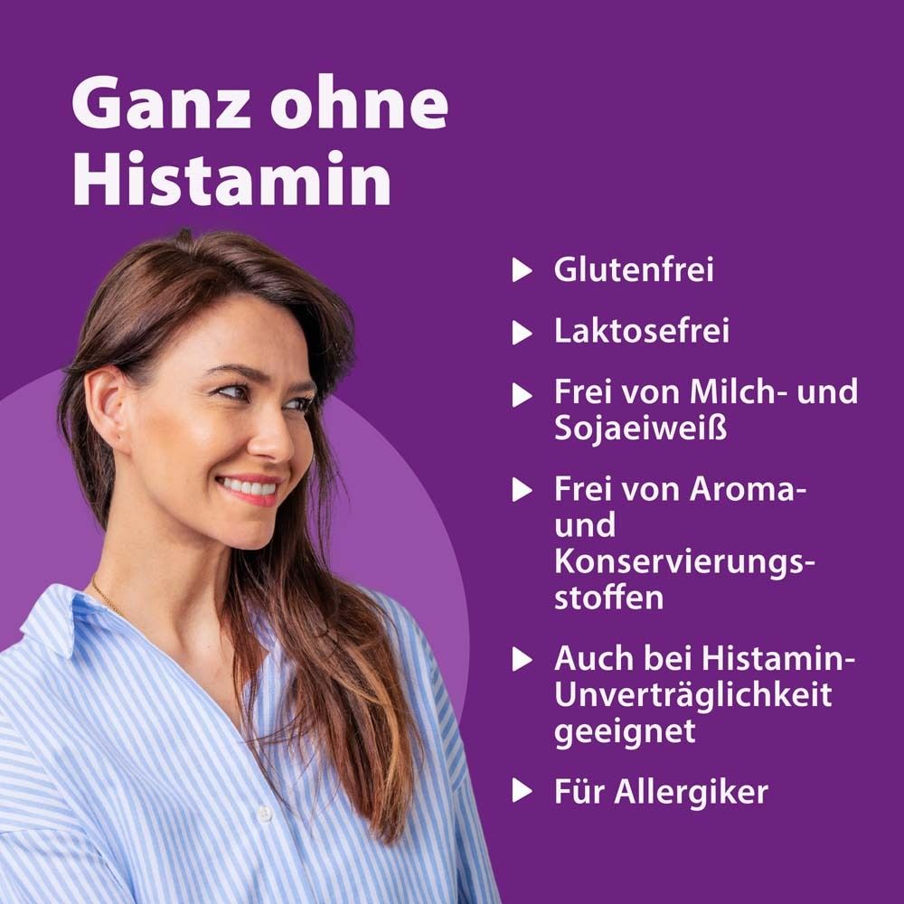 Frau lächelt. Text: Ganz ohne Histamin. Glutenfrei, laktosefrei, frei von Milch- und Sojaeiweiß, für Allergiker.