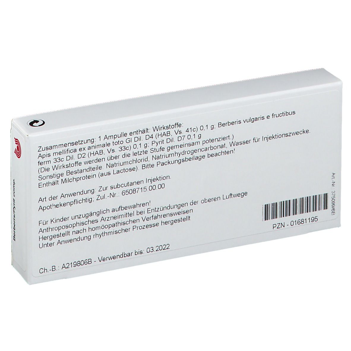 Rückseite der weißen Schachtel. Text: Zusammensetzung, Anwendung, Zul.-Nr., PZN, Verwendbar bis 03.2022.